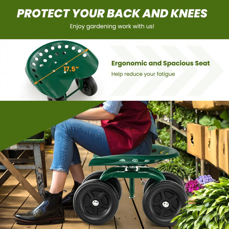 Garden Rolling Work Seat with 360° Swivel and Adjustable Height