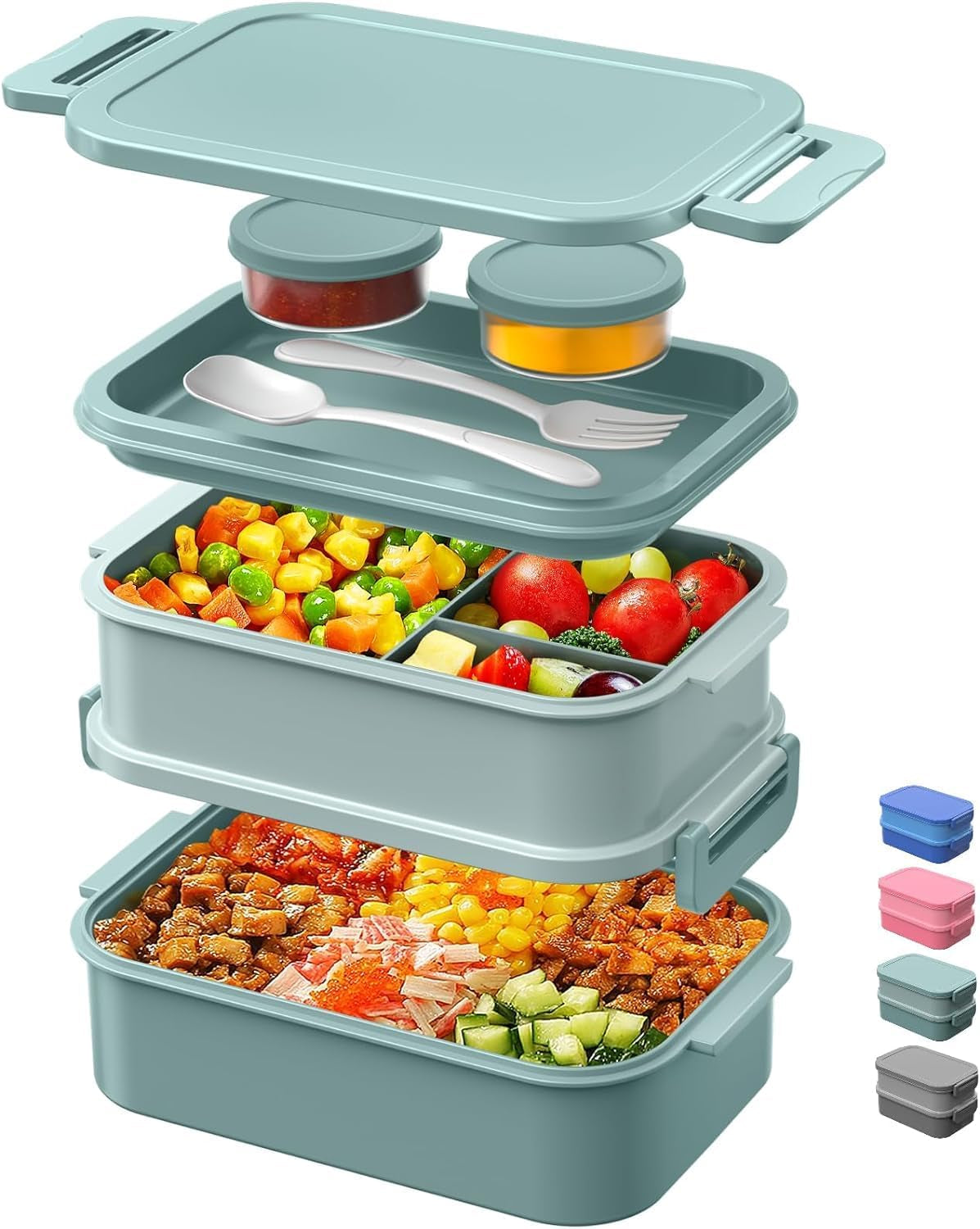 Box Lunch Container - 74 OZ Stackable Leakproof Lunch Box - Utensils and Sauce Containers for Work, School, and Dining Out (Green)