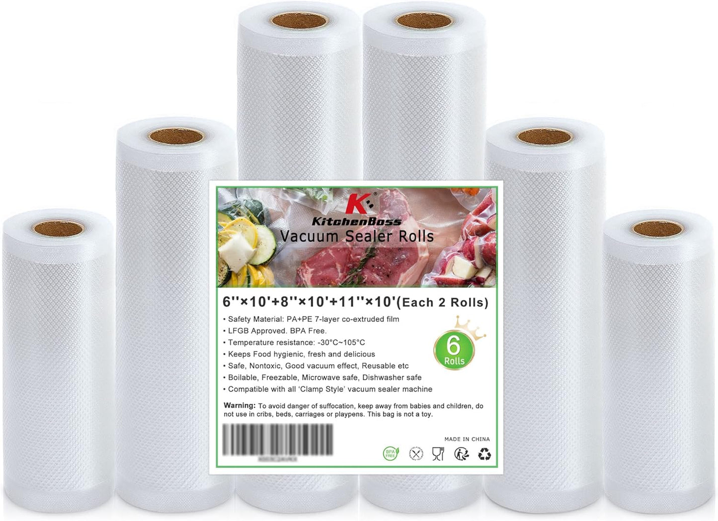Food Vacuum Sealer Bag Rolls - Set of 6 Commercial Grade BPA-Free Sous Vide Bags in 6, 8, and 11 Inch Sizes for All Vacuum Sealers