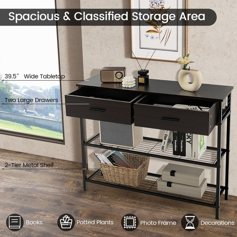 39.5-Inch Entryway Console Table with Dual Drawers and Two-Tier Shelving