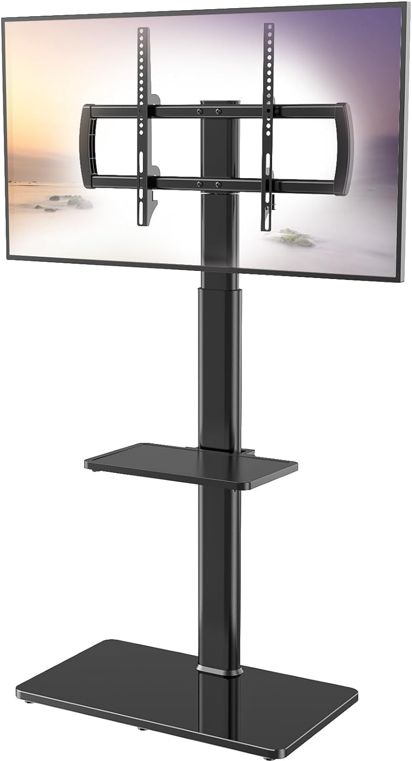 Universal Floor TV Stand with Mount - 80-Degree Swivel, Height Adjustable for 27 to 65 Inch TVs with 2 Shelves