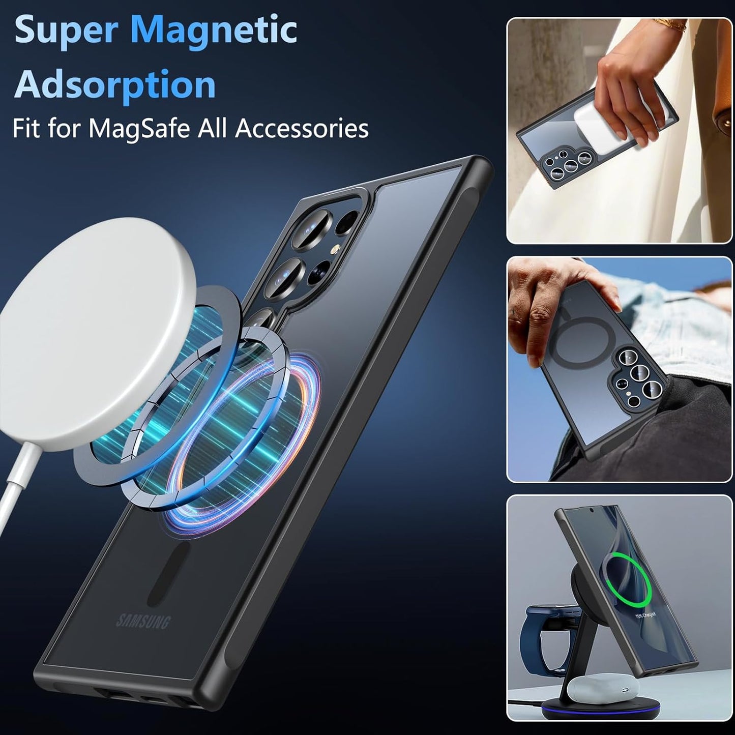 Samsung Galaxy S24 Ultra Case with Screen Protector - Magnetic Shockproof Translucent Matte Back Bumper Cover, Black