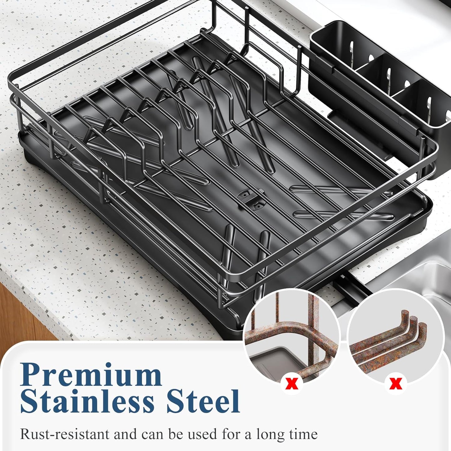 Large Rustproof Dish Drying Rack with Drainboard and Utensil Holder for Kitchen Counter, Black
