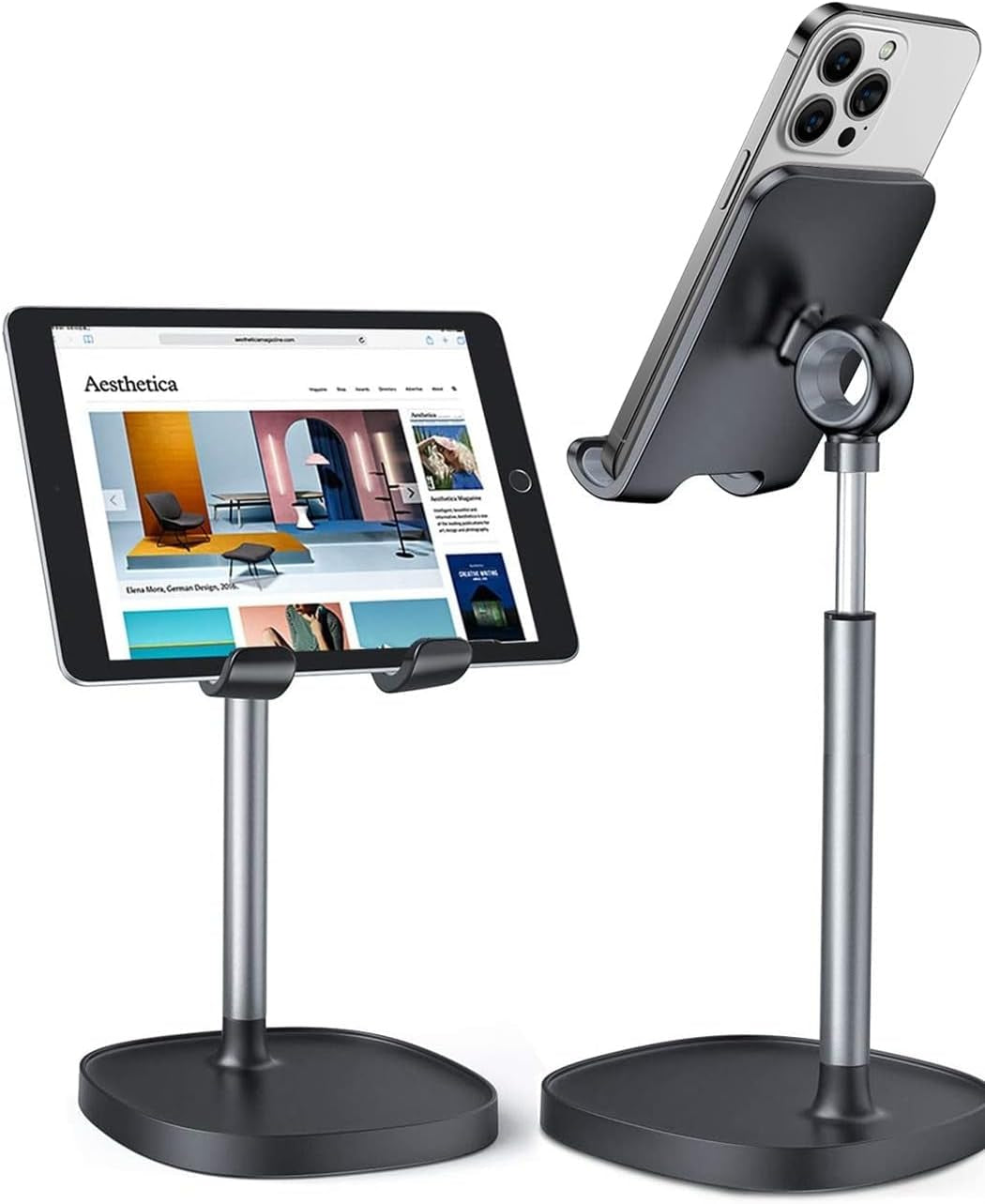 Adjustable Height Cell Phone and Tablet Stand for Desk, Compatible with All Mobile Devices and Small iPads (4-9.7 Inch) - Black