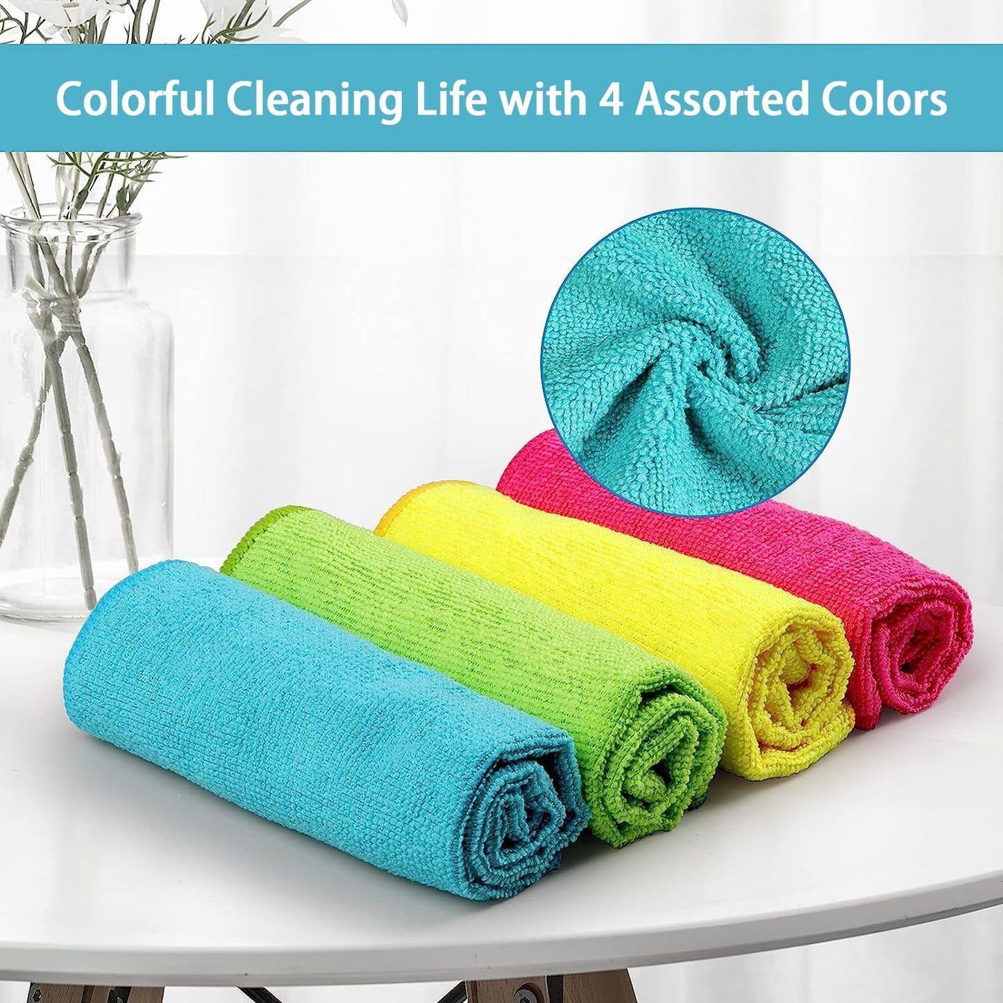 Microfiber Cleaning Cloths - 100 Pack Assorted Colors (Green, Blue, Yellow, Pink) - 11.5" x 11.5" Cleaning Towels