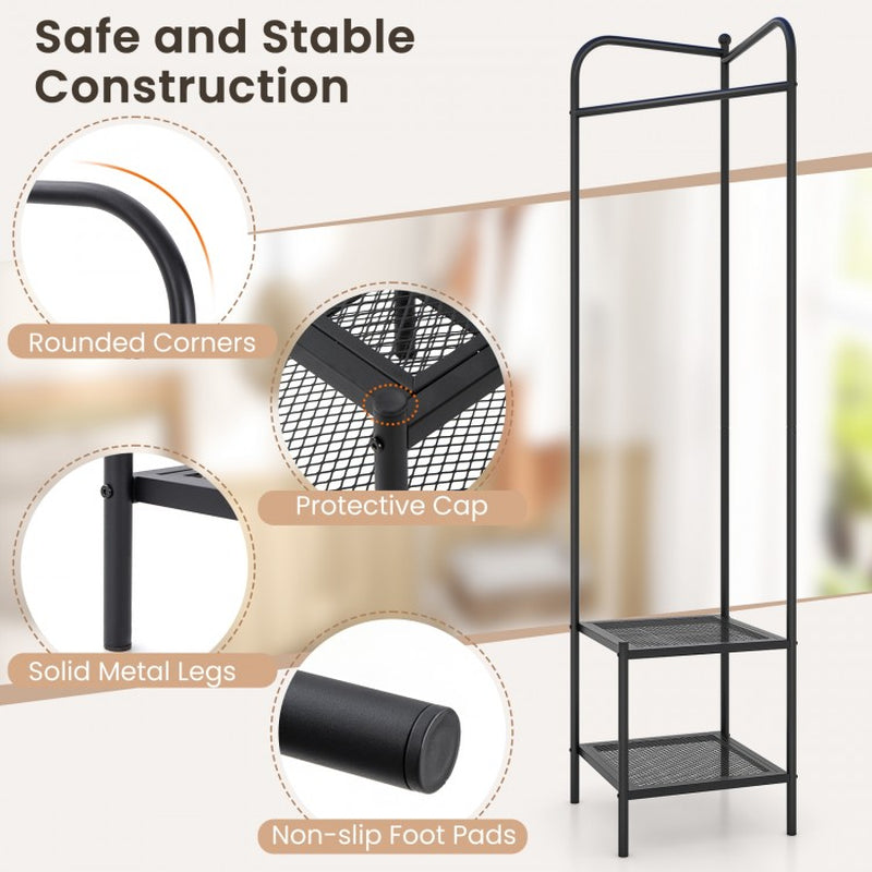 Corner Coat Rack with Top Hanger and Dual Mesh Shelves for Entryway, Hallway, Living Room, and Bedroom