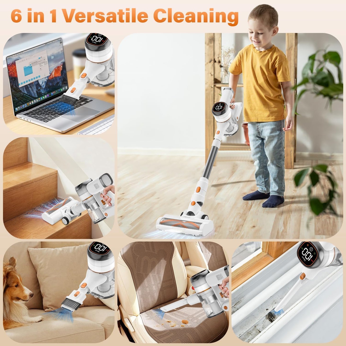 Cordless Stick Vacuum Cleaner V500 - 40000Pa/450W with LED Touch Screen, Wall-Mounted Charging Dock, Anti-Tangle Technology, Lightweight Handheld Design
