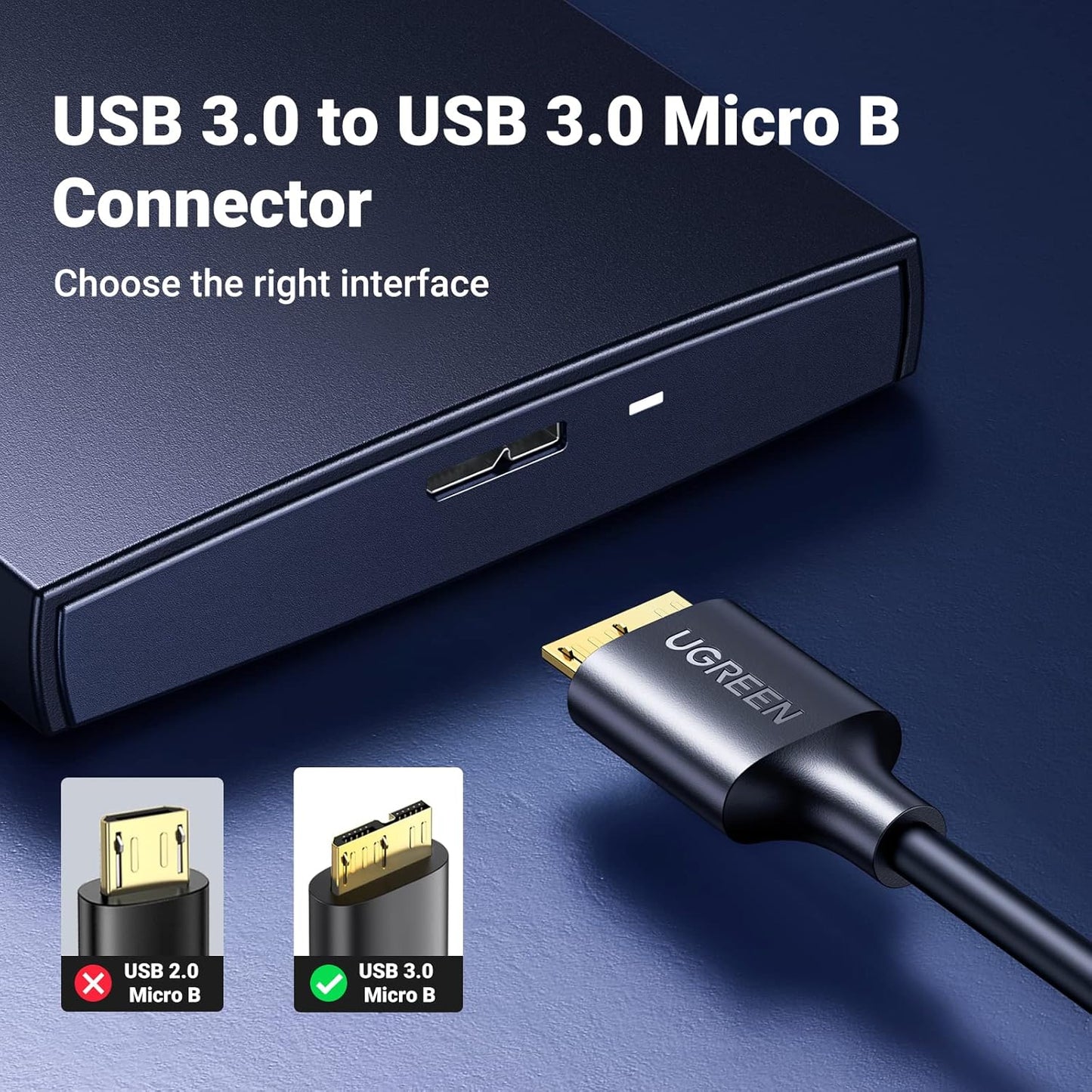 Micro USB 3.0 to Micro B Male Cable for Charging and Data Sync - Compatible with External Hard Drives and More