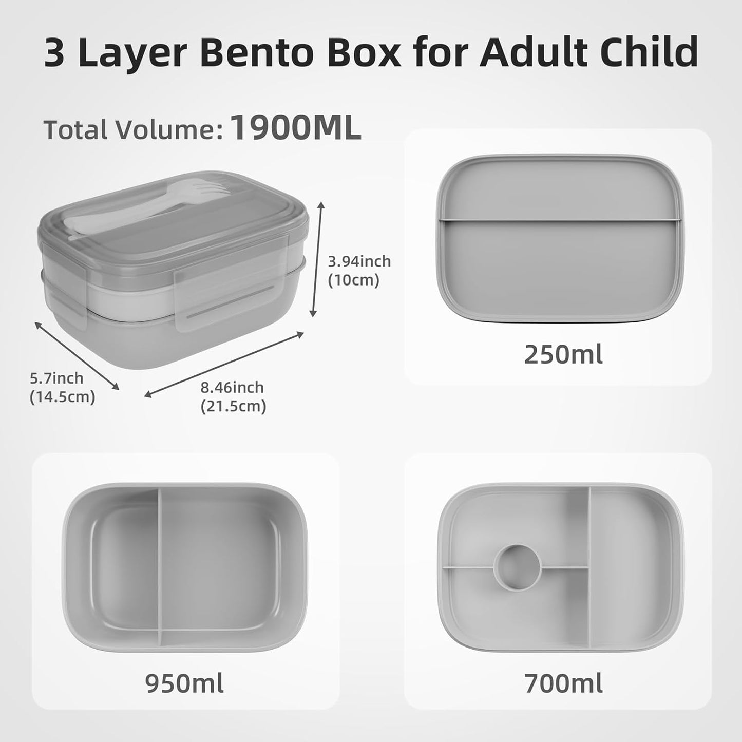 Stackable 3-Layer Bento Box Lunch Container for Adults and Kids, 1.9L Food Storage with Cutlery, 8.5" x 5.7" x 3.9" (Grey)