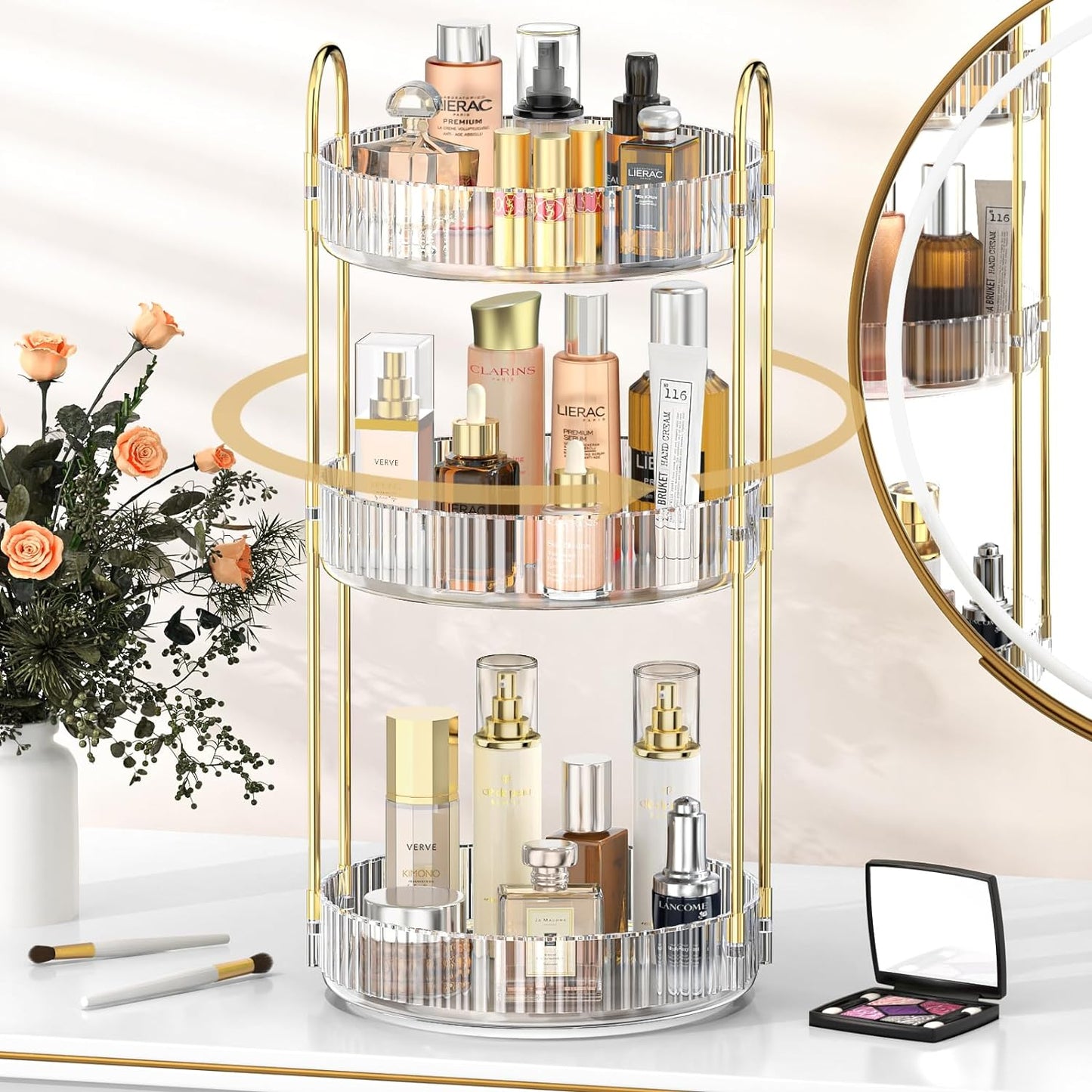 360-Degree Rotating Makeup Organizer with 3 Tiers, Spacious Skincare and Perfume Storage, Versatile Cosmetic Organizer