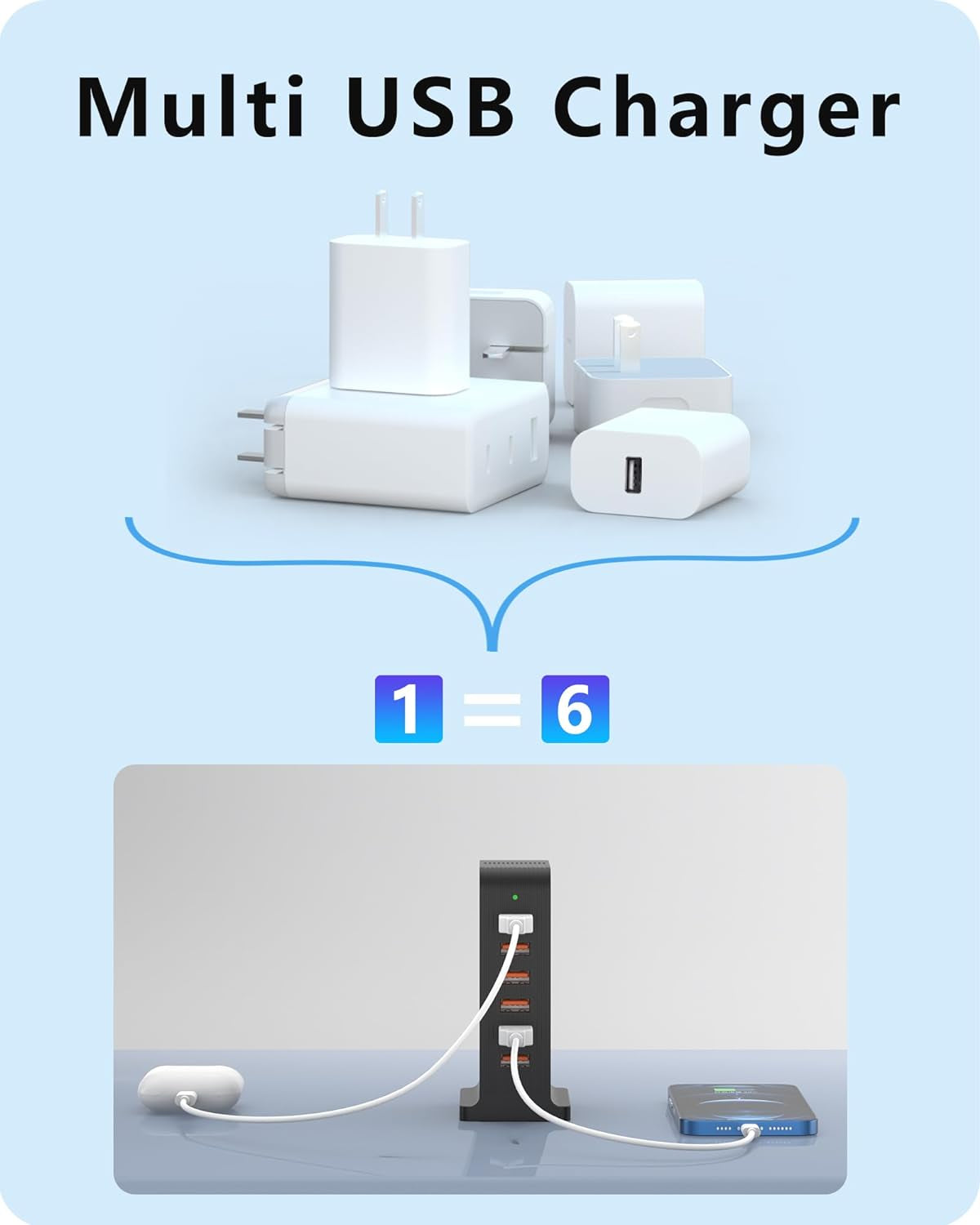 50W USB Tower Charging Station with 6 Ports, Multi-Device Charger (10A Shared), Black
