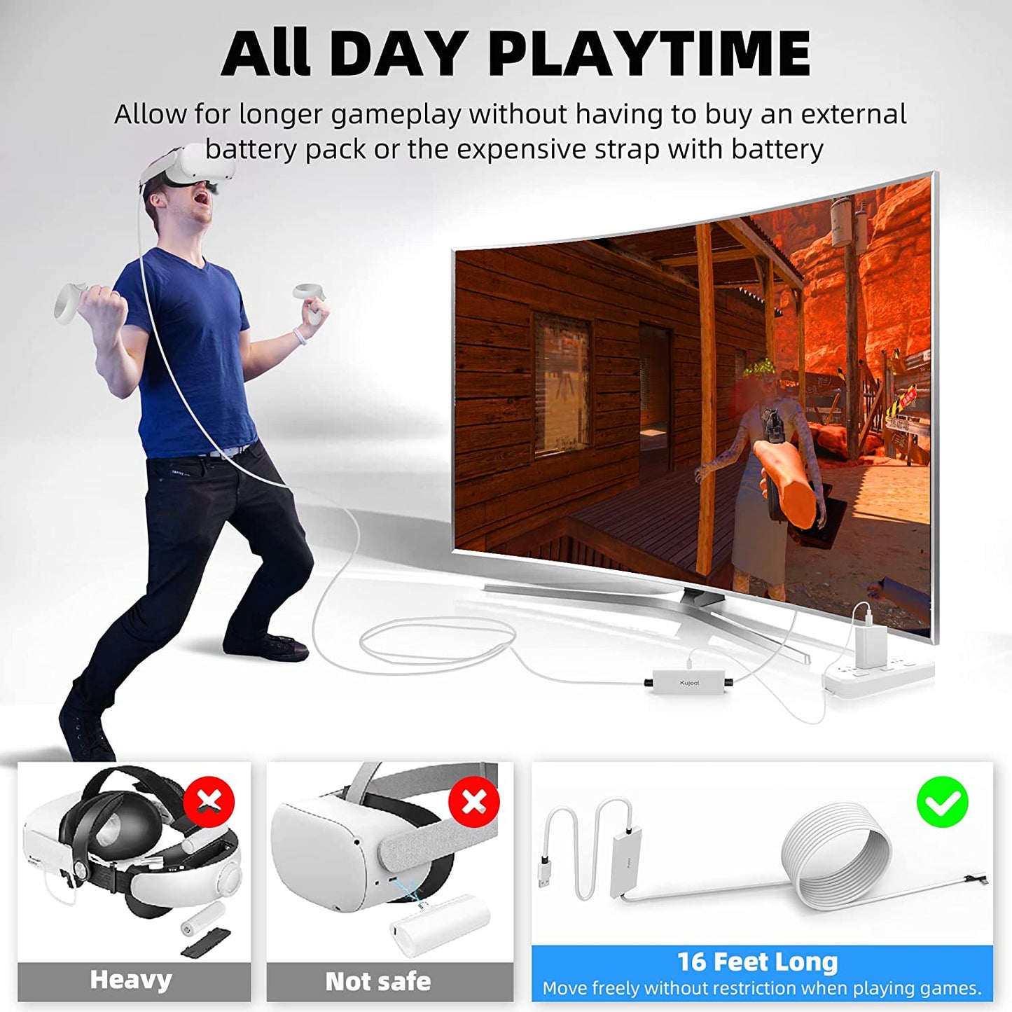 16FT Oculus Quest 2 Link Cable with Separate Charging Port, USB 3.0 Type A to C, Ultra-Durable Design for VR Headset and Gaming PC - White
