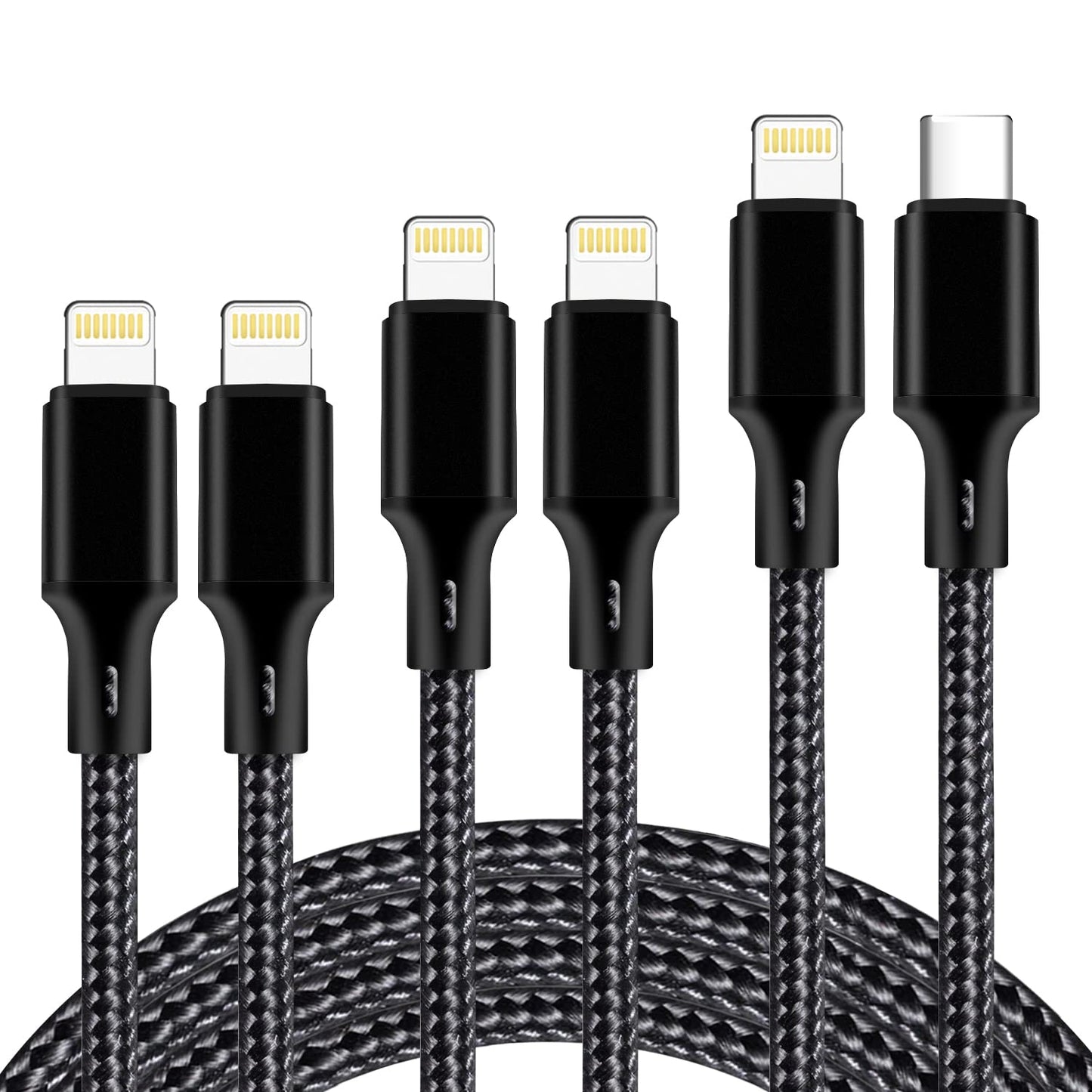 Iphone Charger, 5 Pack 3/3/6/6/10FT Apple Mfi Certified USB Lightning Cable Nylon Braided Fast Charging Cord Compatible for Iphone - Black