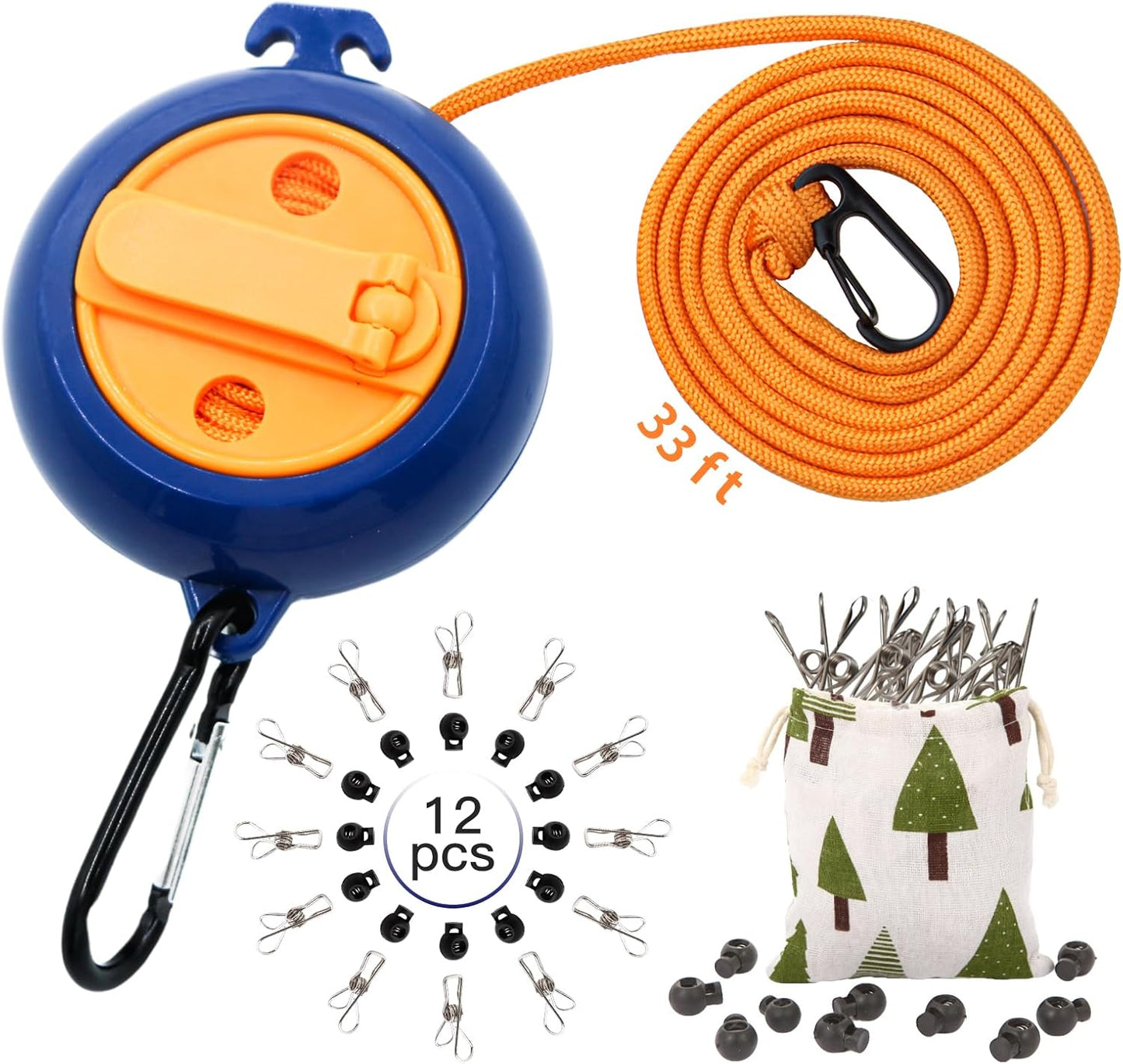 Portable Retractable Camping Clothesline with 12 Stoppers and Windproof Clothespins for Travel and Outdoor Use