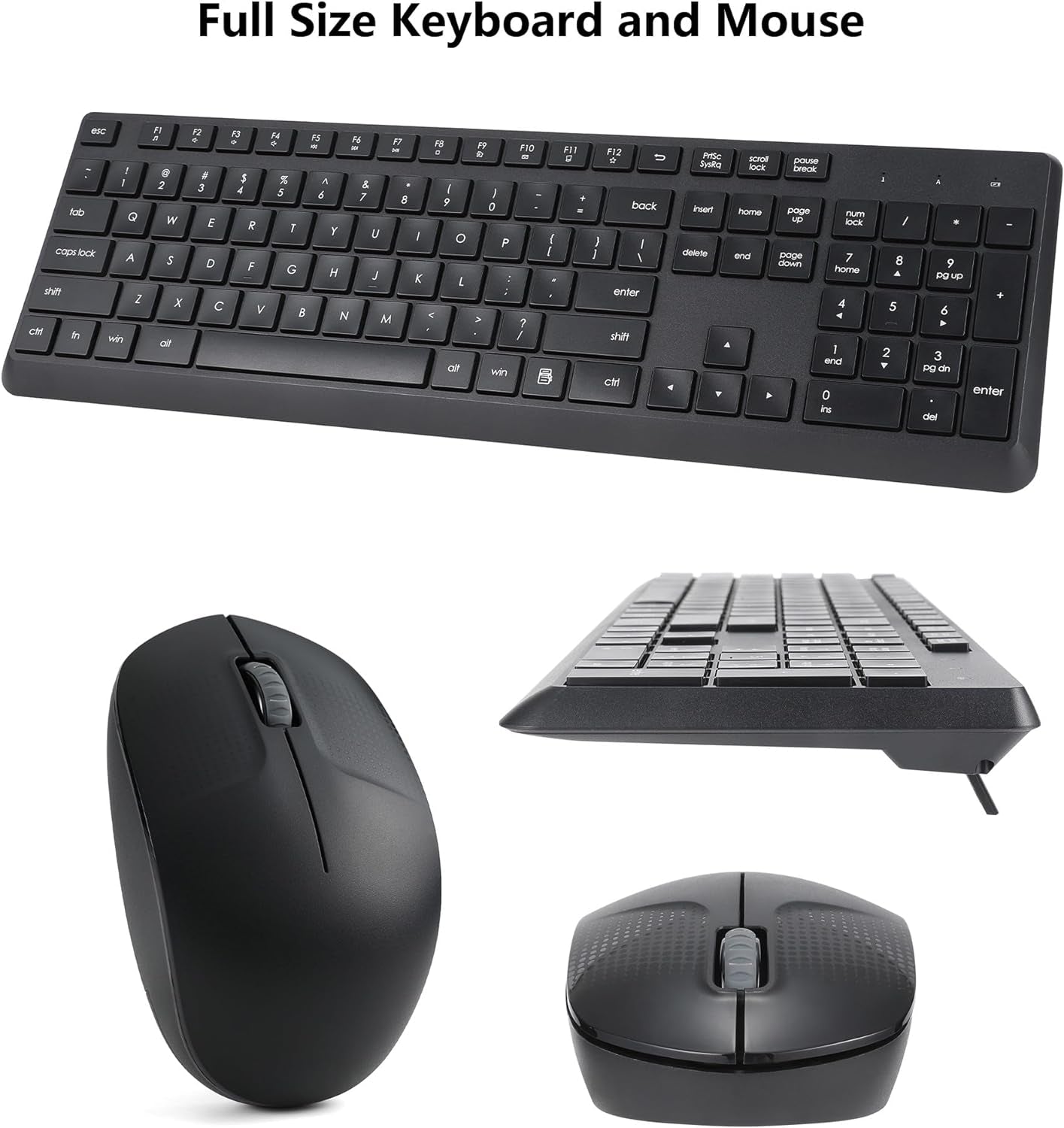 Wireless Keyboard and Mouse Set for Windows - Full-Sized Cordless Keyboard and Silent 1600 DPI Mouse with USB Receiver (Black)