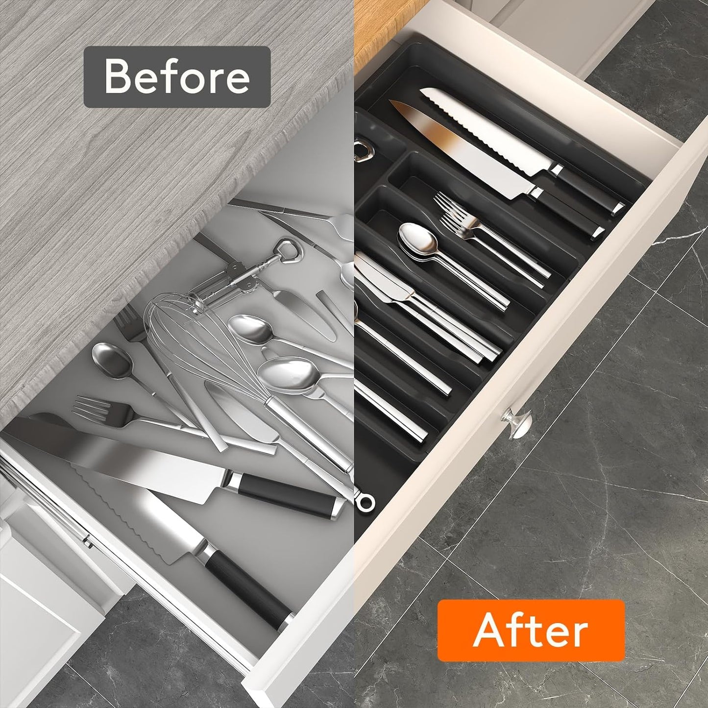Expandable Cutlery Drawer Organizer - BPA-Free Adjustable Utensil Tray for Kitchen Storage, Large Black Flatware and Silverware Holder