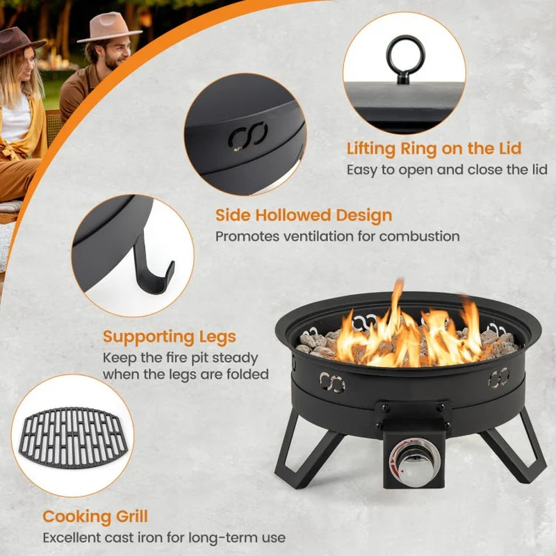 17-Inch Portable Gas Fire Pit with Collapsible Legs and Detachable Grill for Outdoor Camping