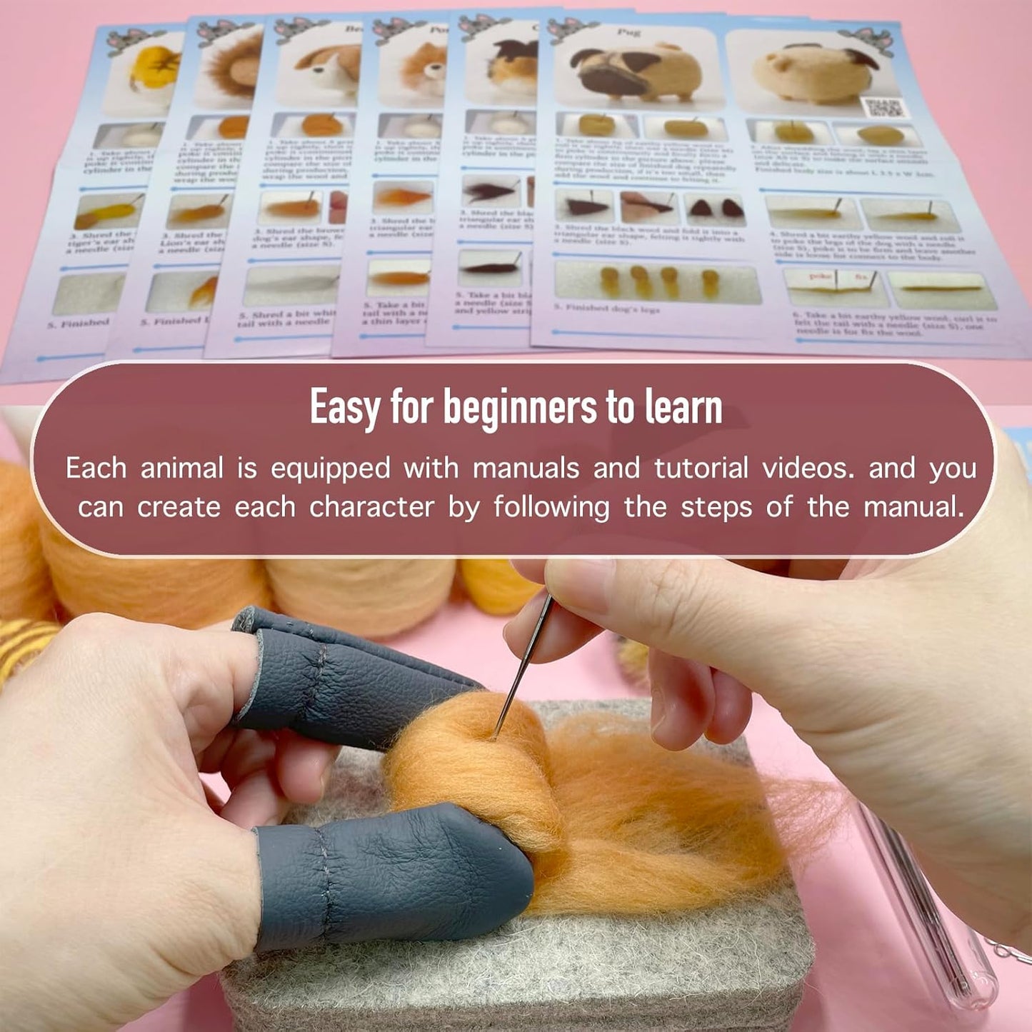 Professional Needle Felting Kit for Adults - Complete DIY Craft Set with Felting Supplies, Needles, Wool, and Tools for Beginners - Create 6 Faceless Animal Designs