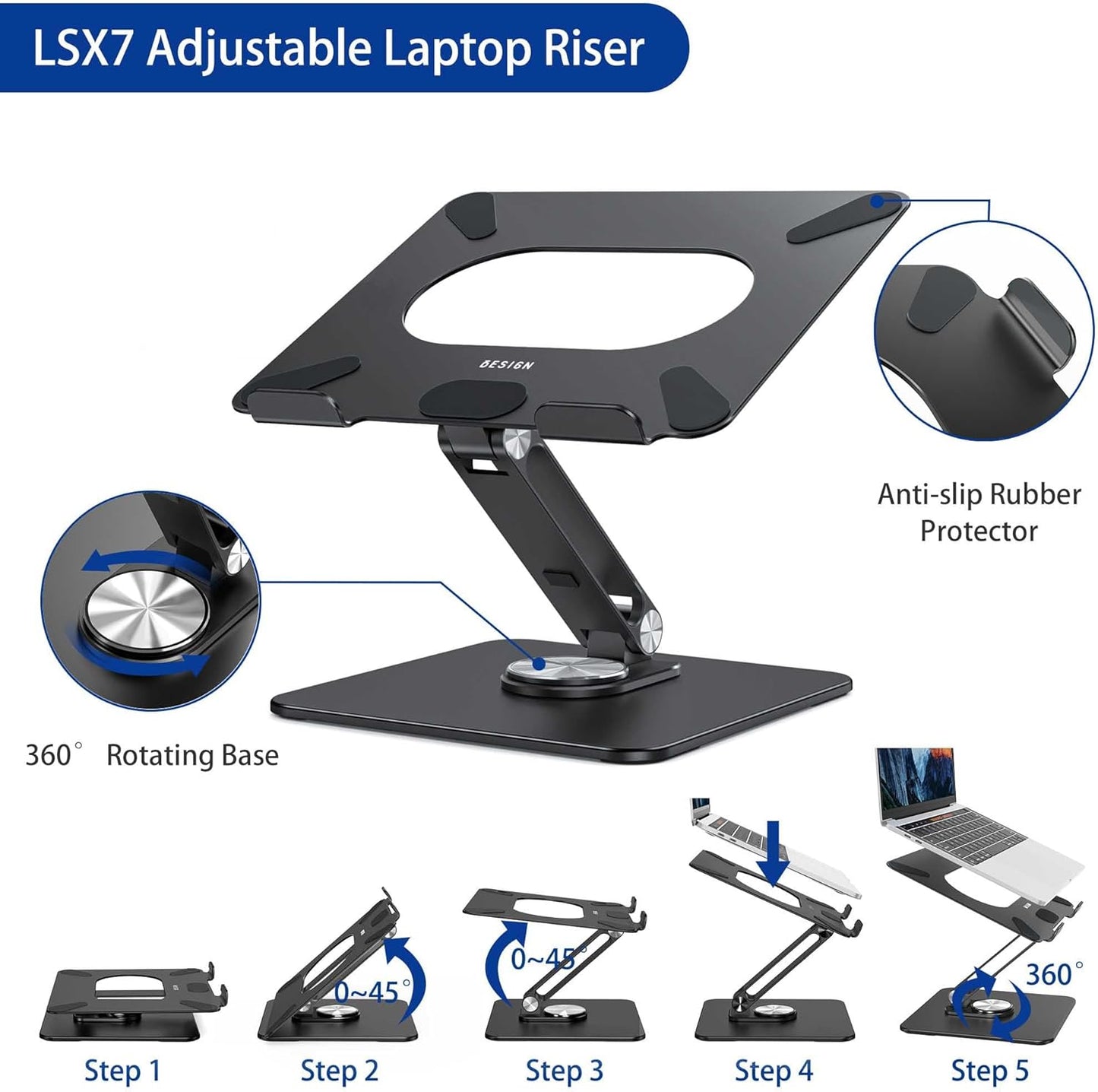 LSX7 Ergonomic Laptop Stand with 360° Rotating Base, Adjustable Riser for 10-15.6" Laptops, (Black)
