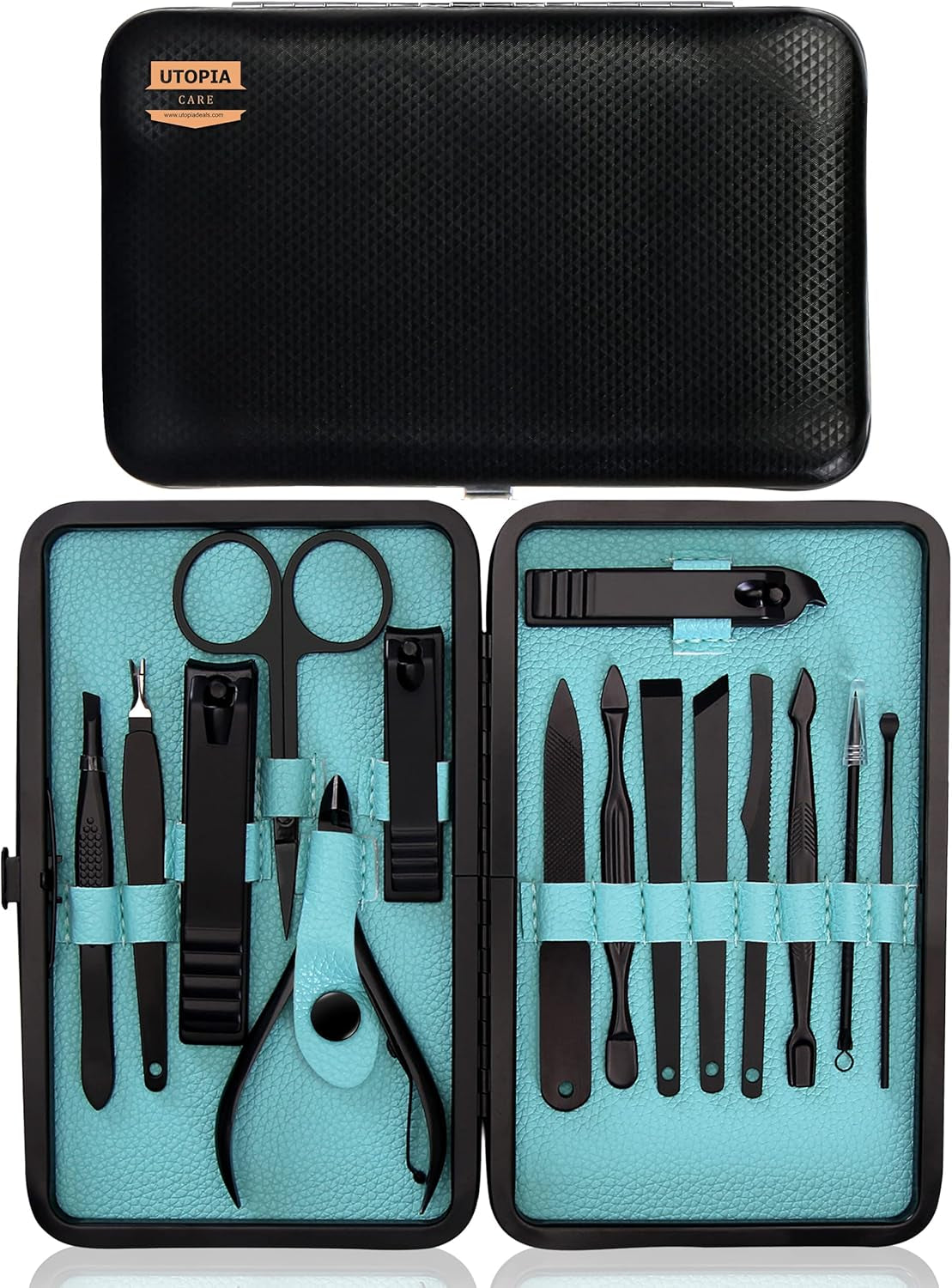 15-in-1 Professional Stainless Steel Manicure and Pedicure Set - Portable Grooming Kit Nail Care (Black)