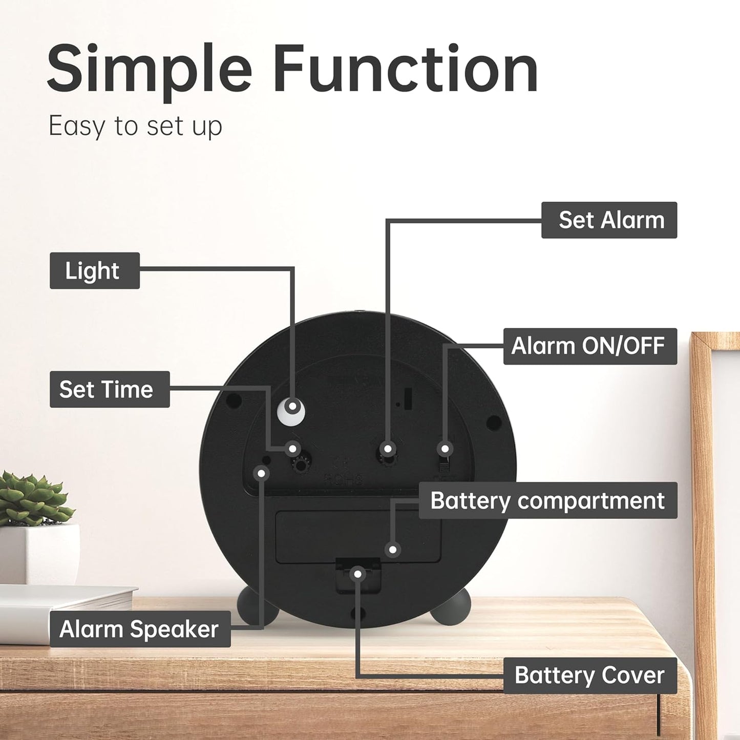 Analog Alarm Clock - 4 Inch Silent Non-Ticking Design with Night Light, Battery Operated, Classic Black Decor for Bedroom, Desk, and Gifting