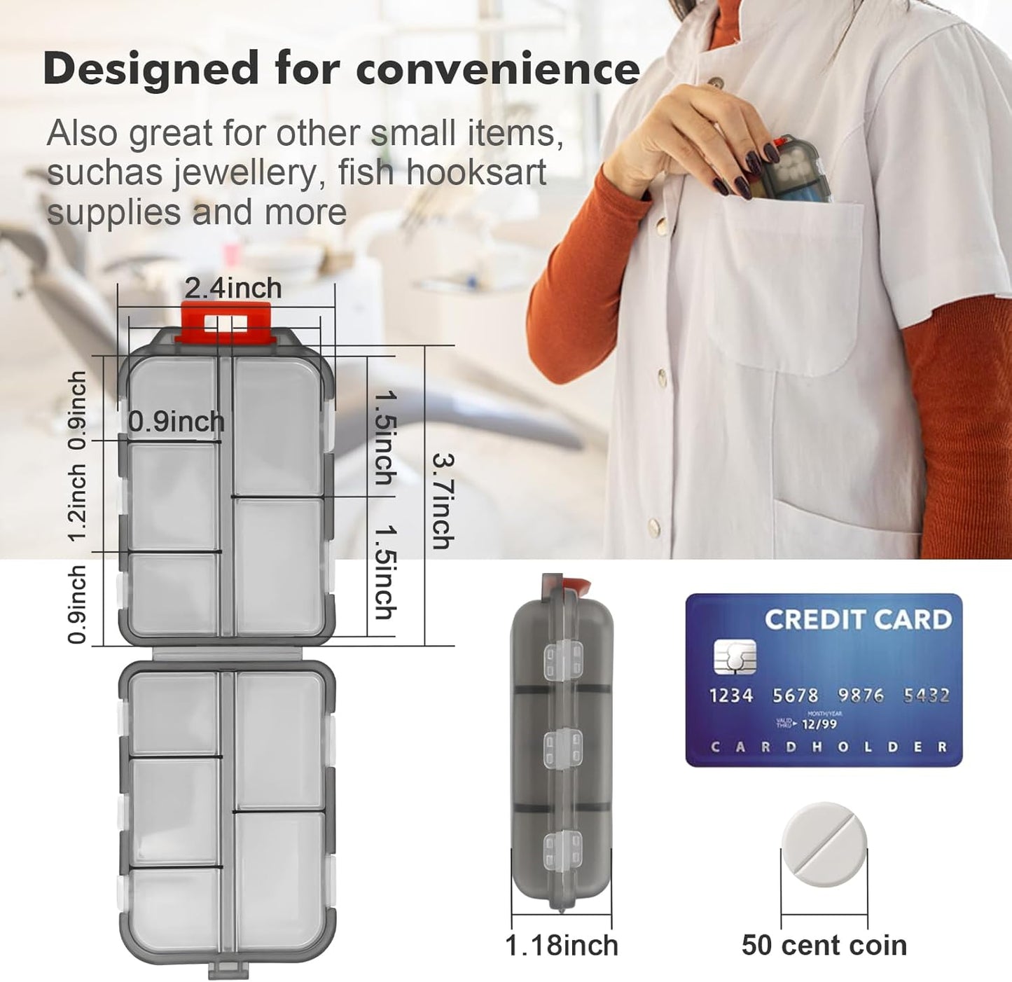 Portable Travel Pill Organizer with 260 Labels and 10 Compartments - Weekly Medication Container Case for Travel Essentials (Grey)