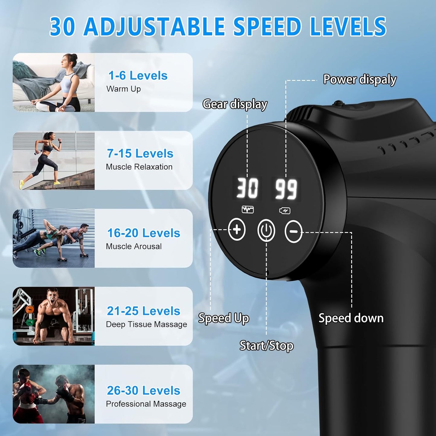 Professional Handheld Deep Tissue Massage Gun for Athletes - 30 Speed Levels with 9 Interchangeable Heads