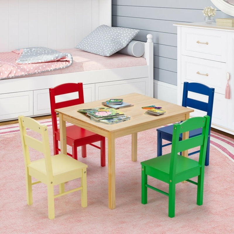 5 Pieces Kids Pine Wood Table Chair Set