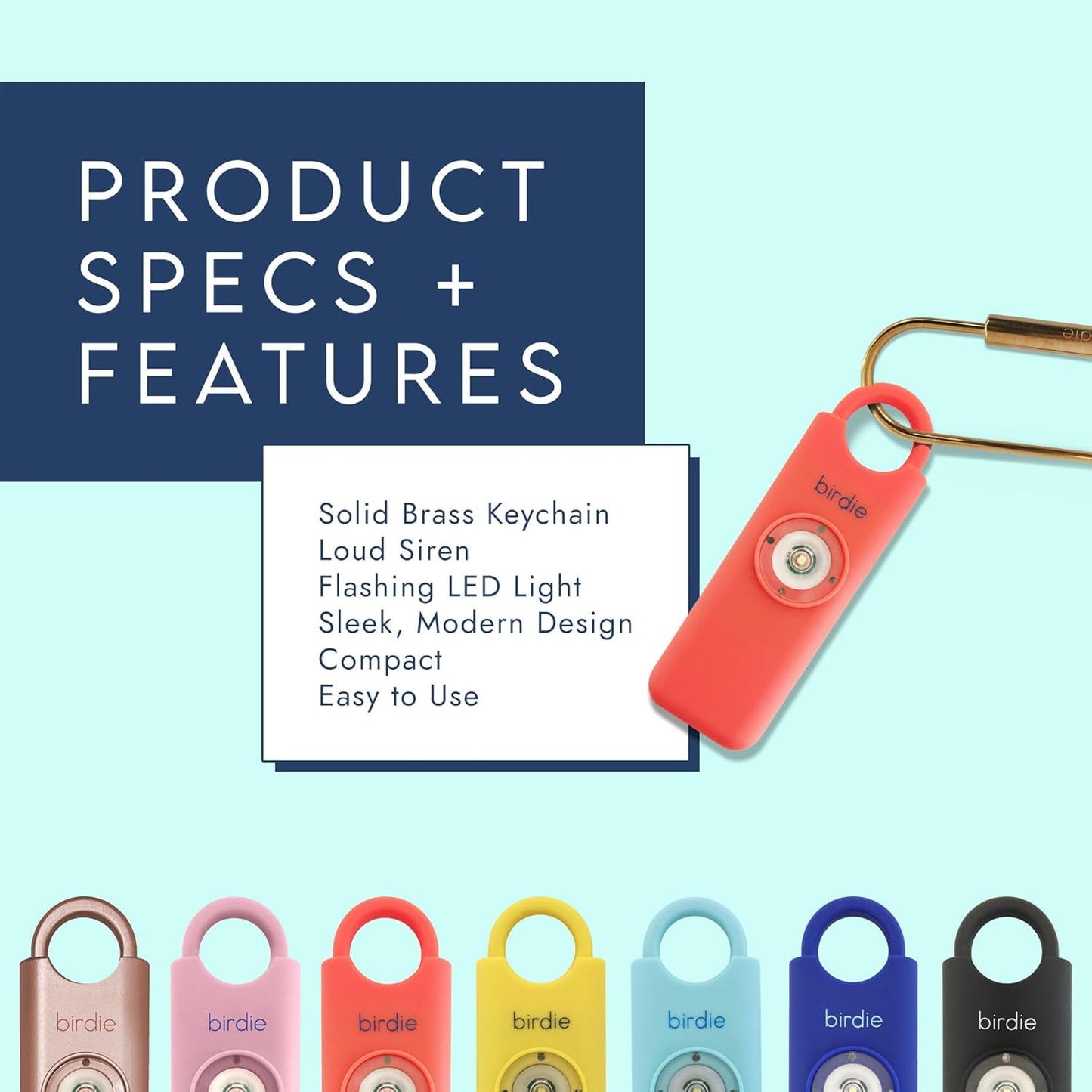 Personal Safety Alarm - Loud Siren, Strobe Light, Solid Brass Key Chain in a Variety of Colors (Coral)