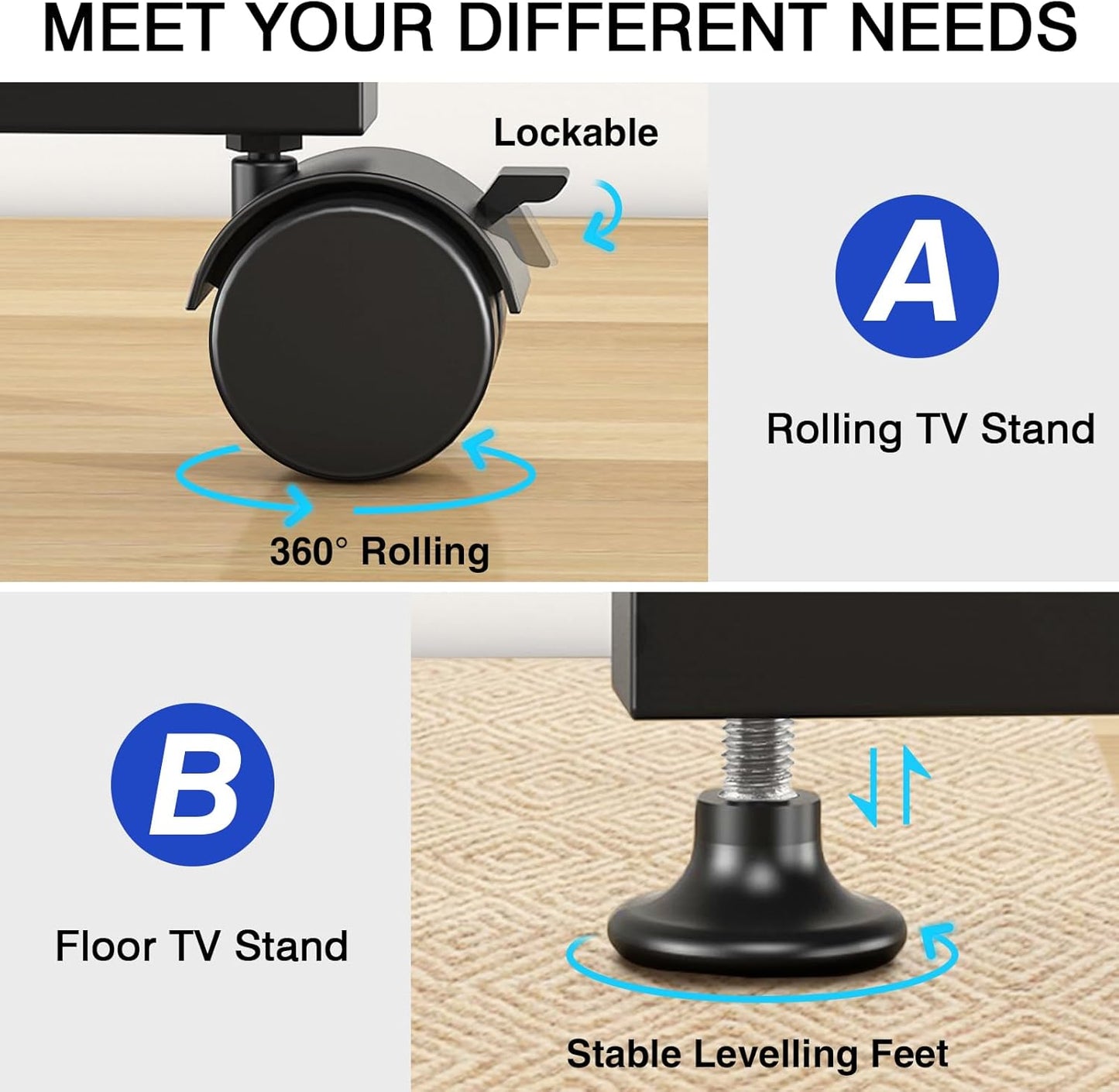 Mobile TV Stand with Wheels for 13-50 Inch LED and LCD Screens, Adjustable Tilting and Rotating Mount, Height-Adjustable Rolling Cart