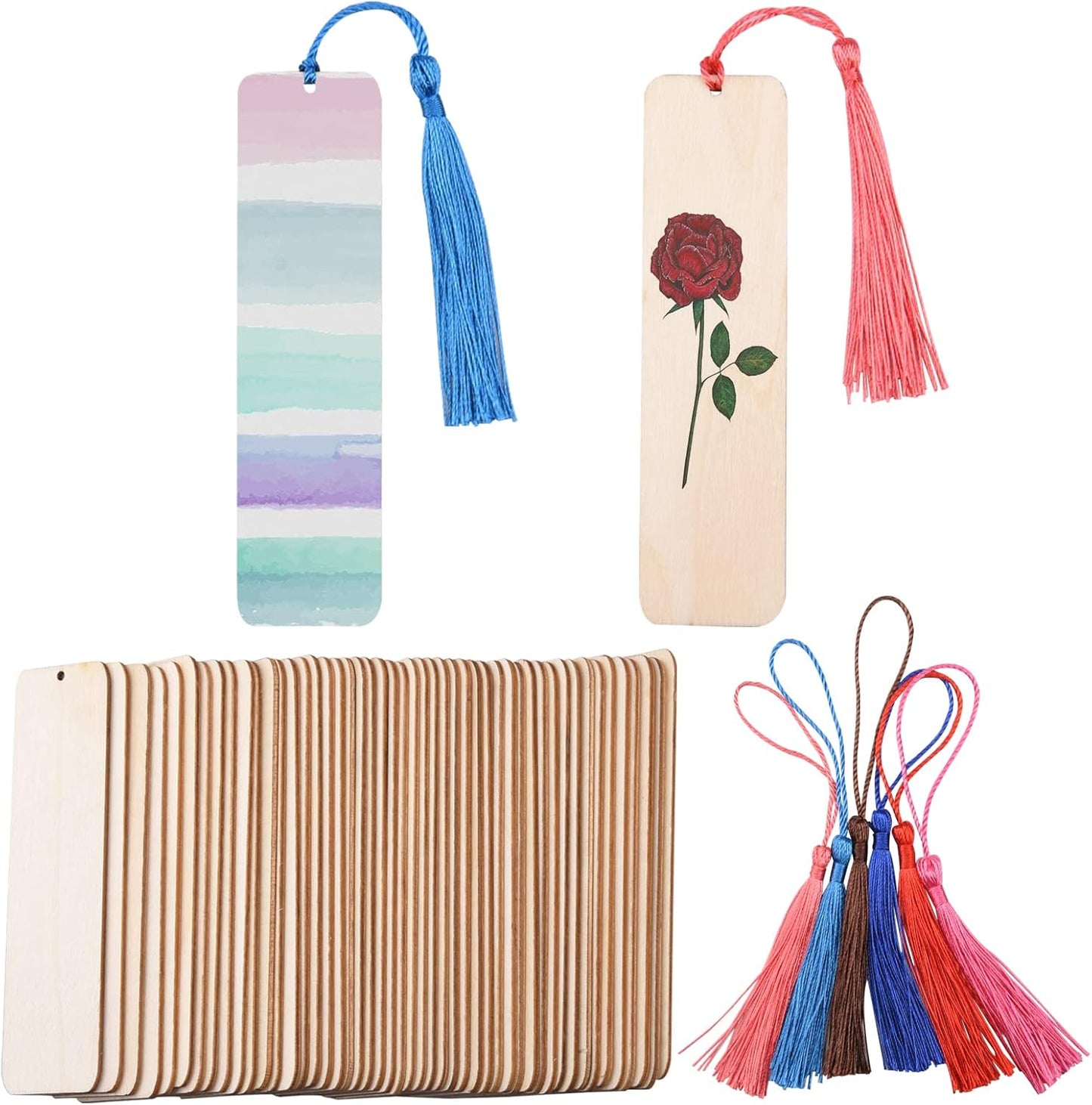 100-Piece Set of Unfinished Wooden Bookmarks with Holes and Colorful Tassels for DIY Crafts, Weddings, and Birthdays