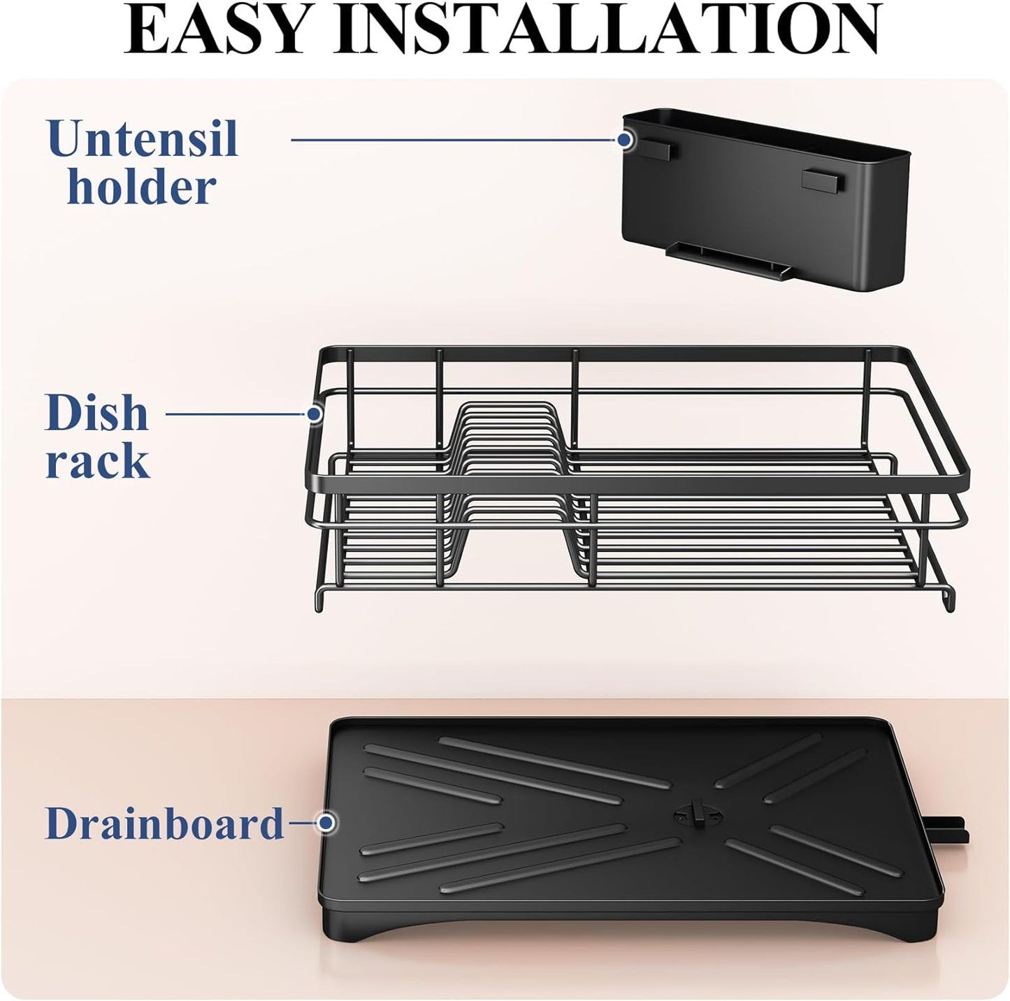 Large Rustproof Dish Drying Rack with Drainboard and Utensil Holder for Kitchen Counter, Black