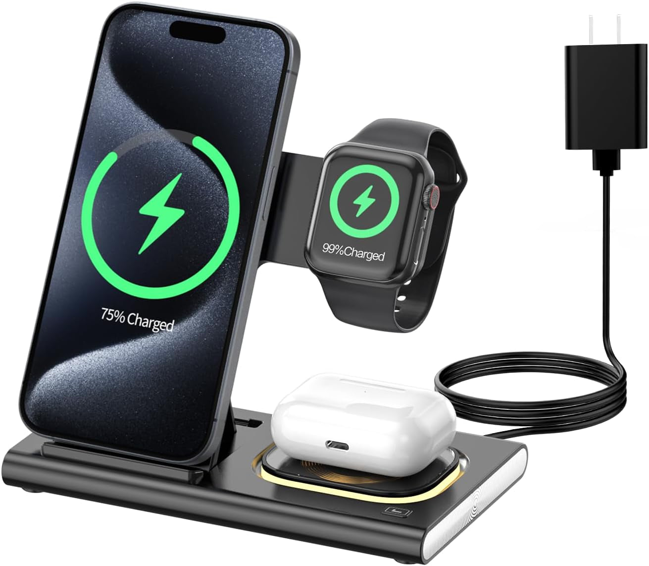 3-in-1 Foldable Wireless Charging Station for Apple Devices - Compatible with iPhone 11-16 Series, iWatch, and AirPods (White)
