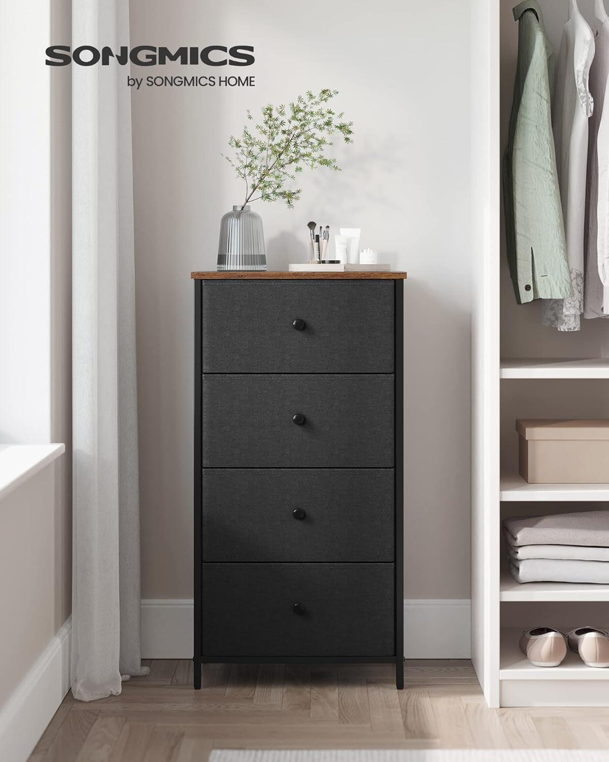 Fabric Dresser with 4 Drawers and Metal Frame - Compact Chest of Drawers in Ebony Black and Rustic Brown