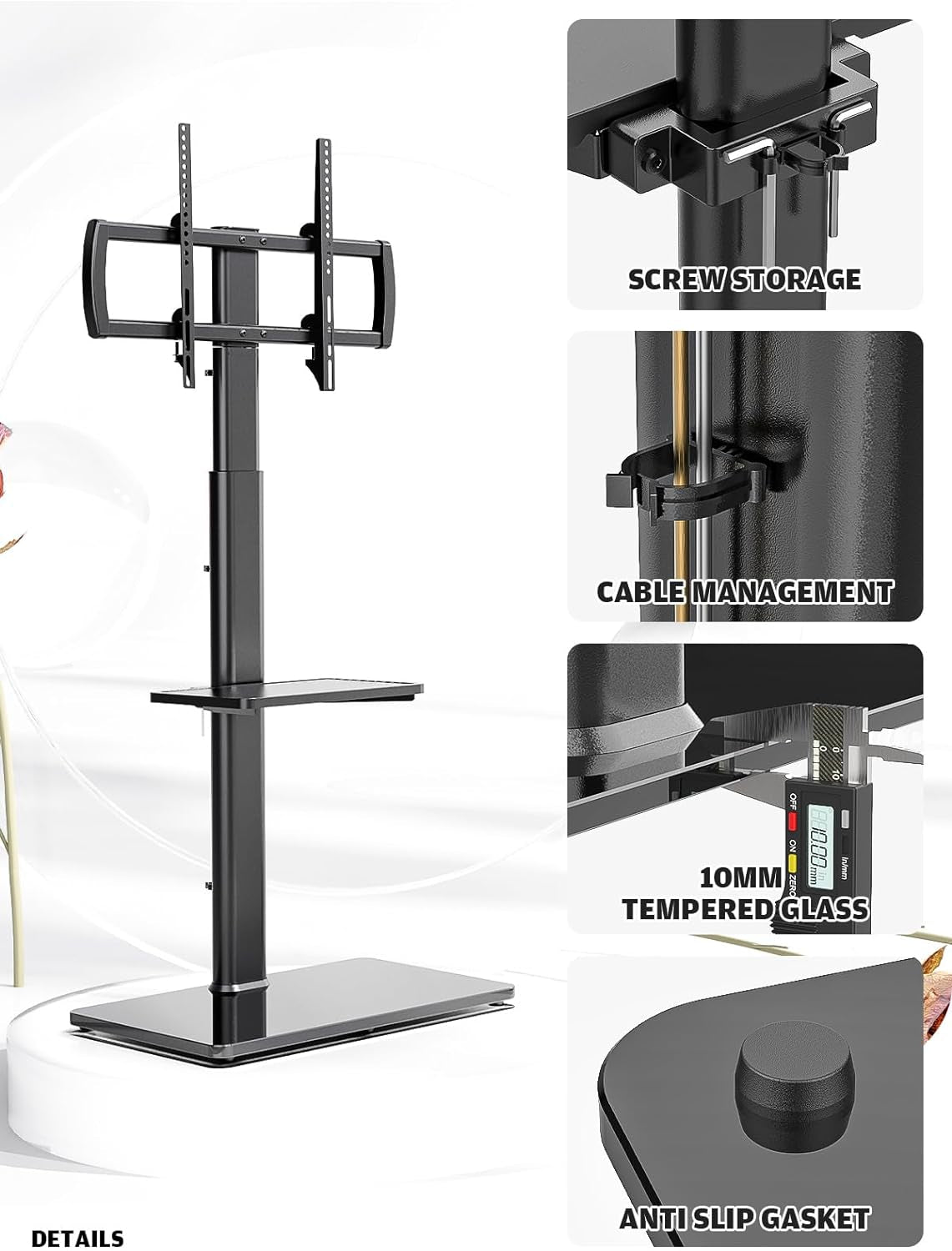 Universal Floor TV Stand with Mount - 80-Degree Swivel, Height Adjustable for 27 to 65 Inch TVs with 2 Shelves