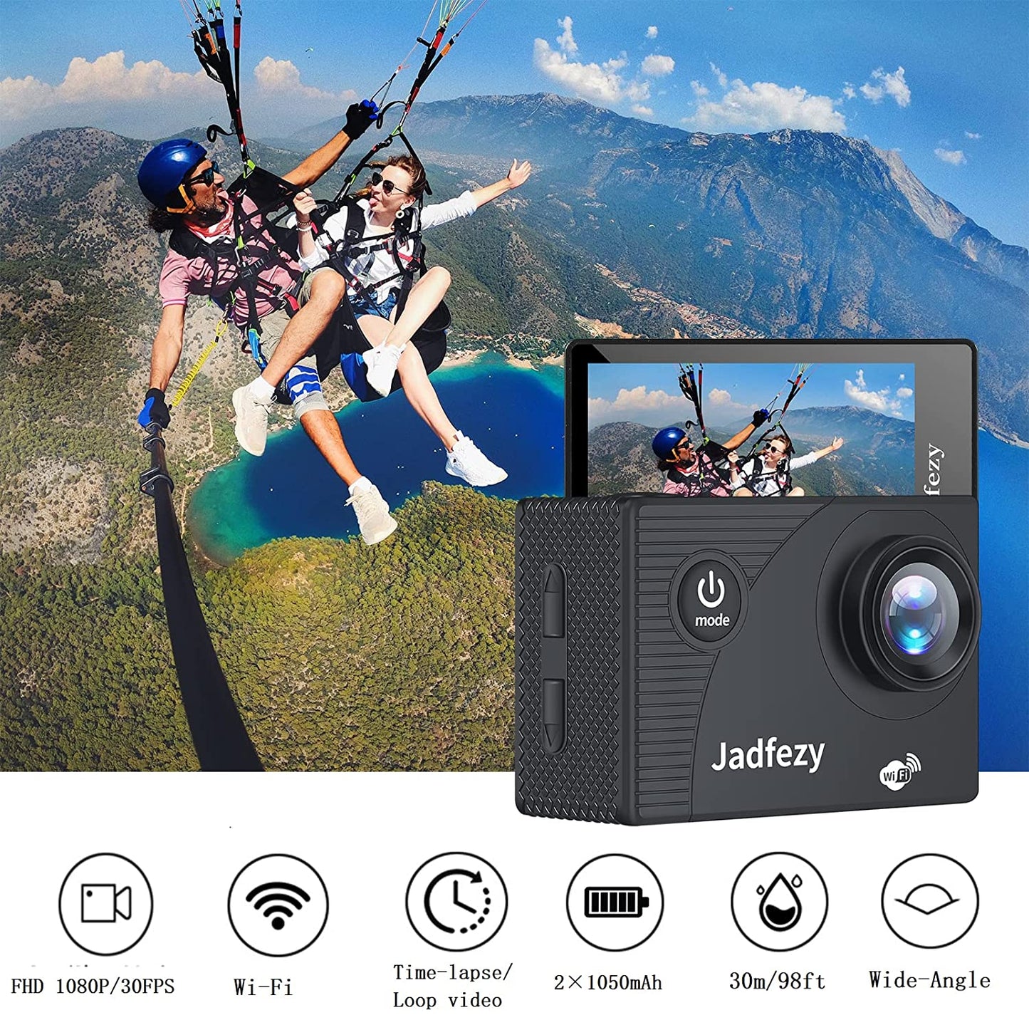 Ultra HD 1080P WiFi Action Camera, 12MP Sports Camera - Wide-Angle Lens, 2" LCD Screen, 30M Waterproof Capability, 2 Batteries, Accessories Kit