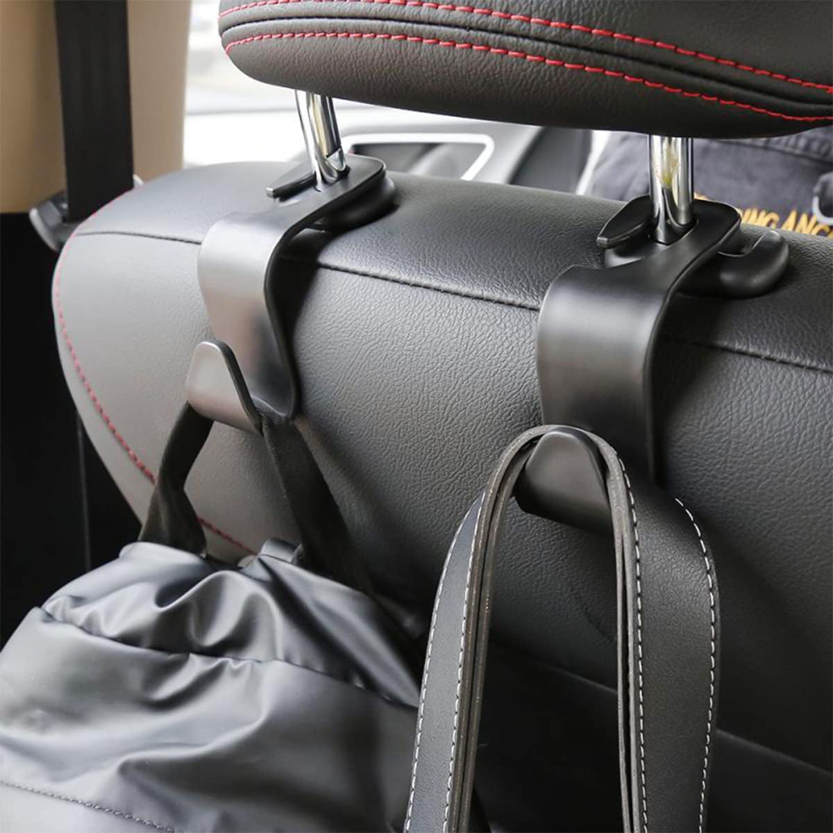 4-Piece Black Car Headrest Hooks - Universal Rear Seat Hangers for Handbags, Wallets, Grocery Bags, and Children's Toys