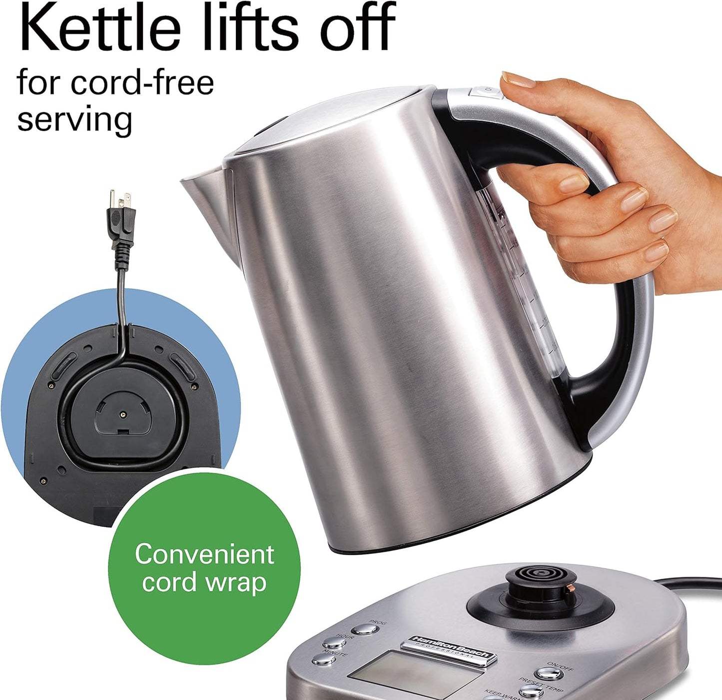 Hamilton Beach 41028 Professional Electric Kettle with Digital Controls, Six Preset Temperatures, LCD Display, 1500 Watts, Silver