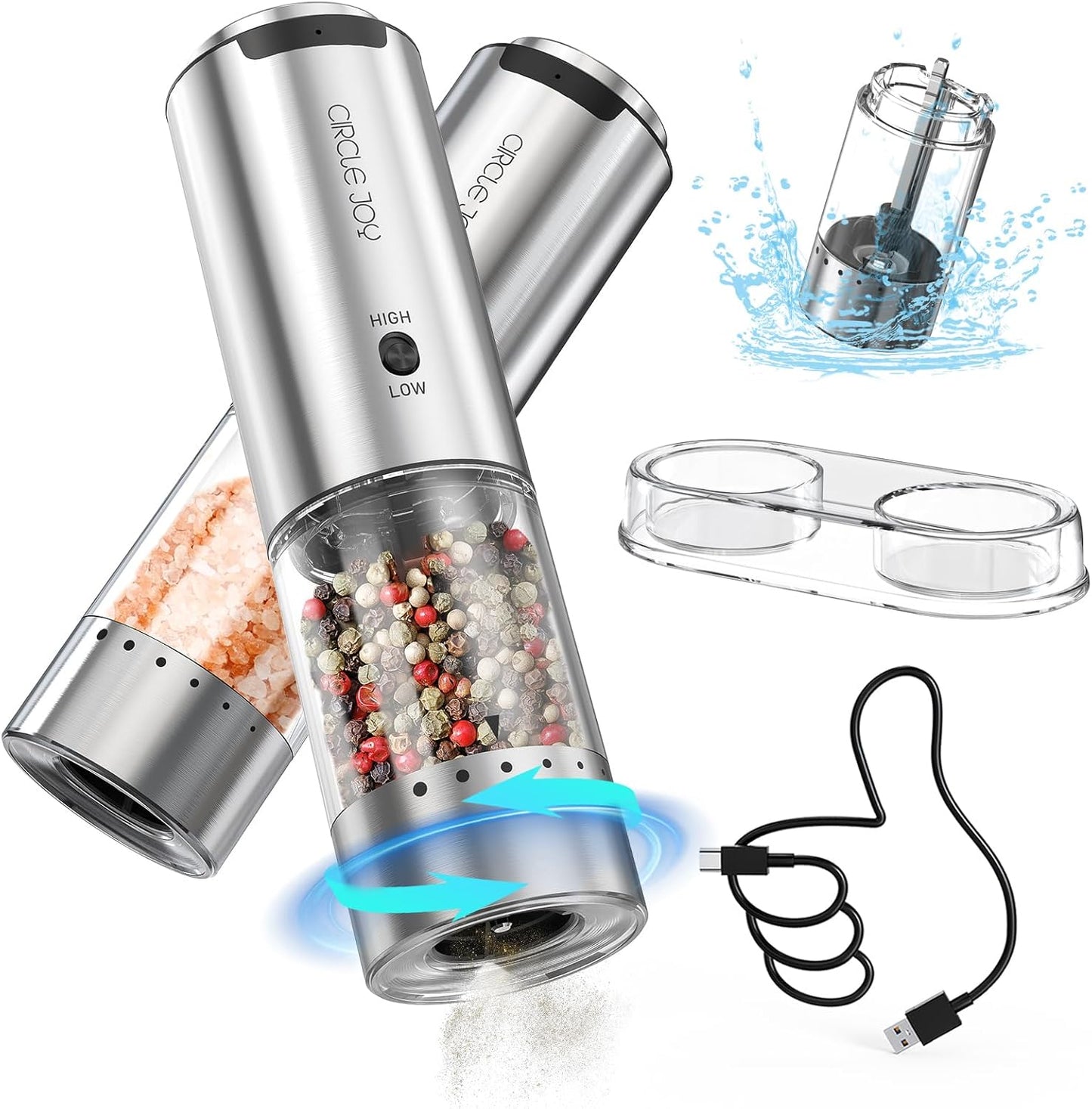 Rechargeable Electric Salt and Pepper Grinder Set with Adjustable Coarseness and Washable 95ml Transparent Container
