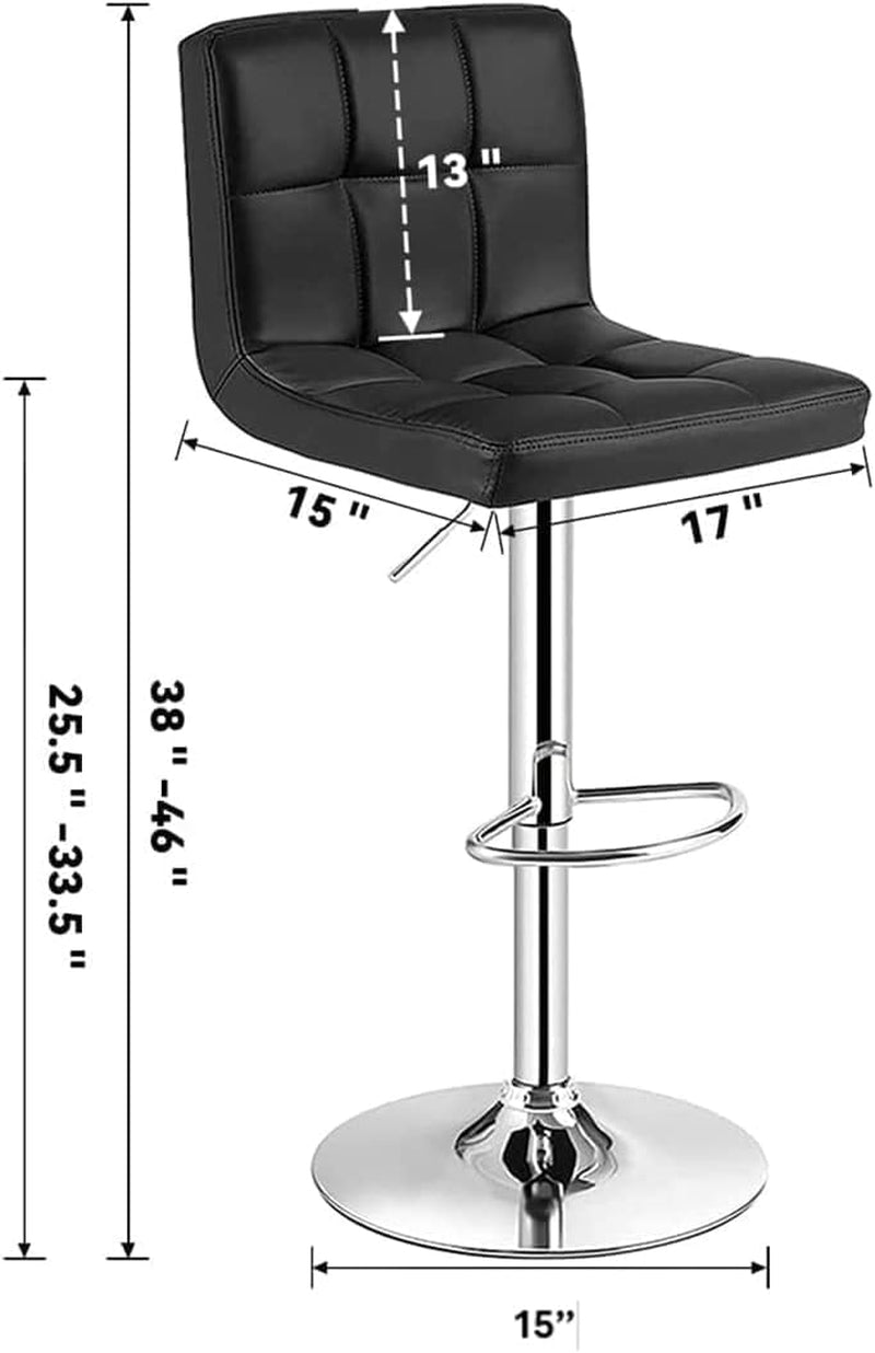 Set of 2 Adjustable Height Swivel Bar Stools in Black Bonded Leather with Backrest and Stability Features