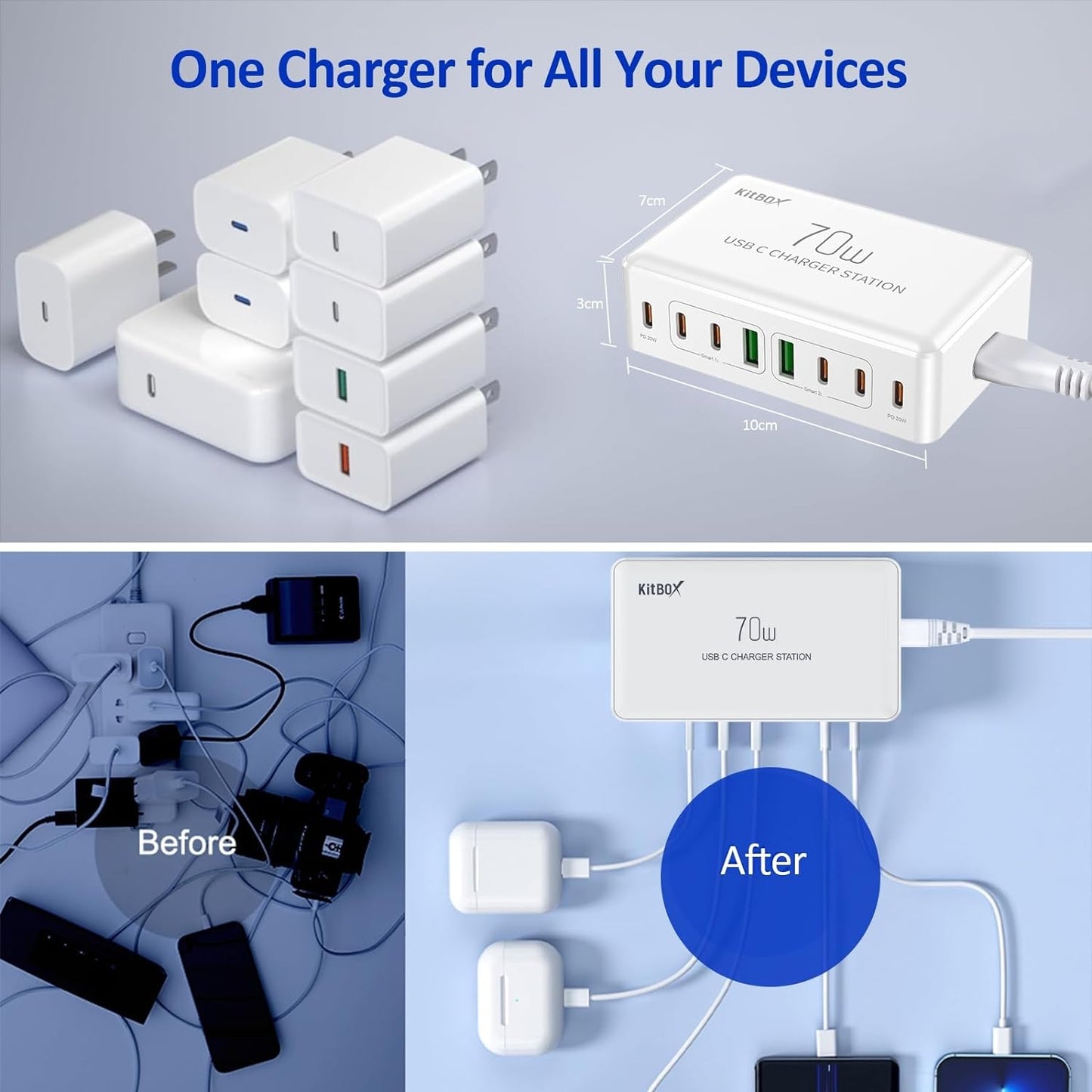 70W Multiport USB-C Charging Station with PD3.0 Fast Charge Port - Smart Power Adapter for iPhone, iPad, Samsung, and More