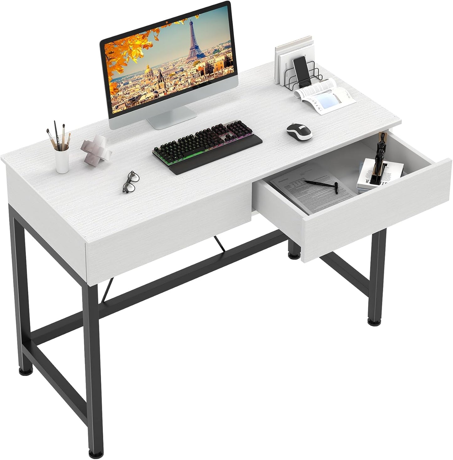 Wood and Metal Computer Desk with Drawers - Versatile Vanity and Makeup Table for Home Office and Small Spaces, 39.4" in White