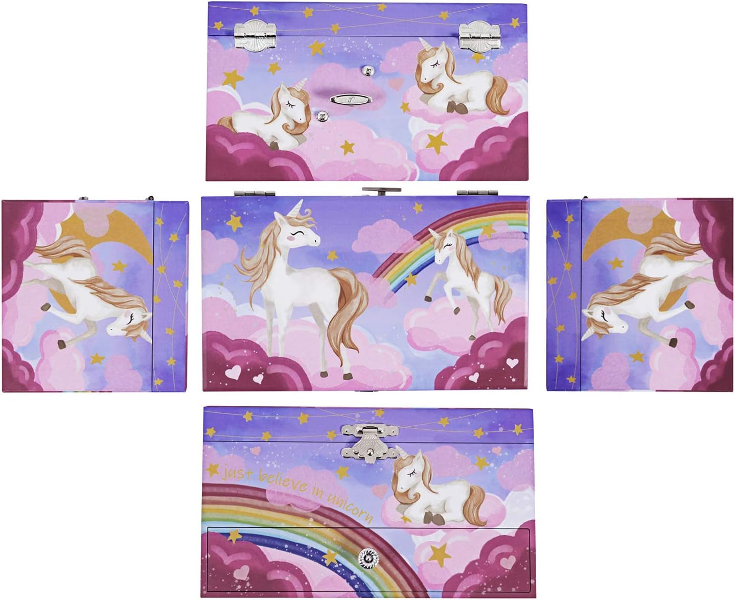 Music Jewelry Box, Ballerina Music Box, Rainbow and Unicorn, 7.5 X 4.3 X 4.3 Inches, Purple
