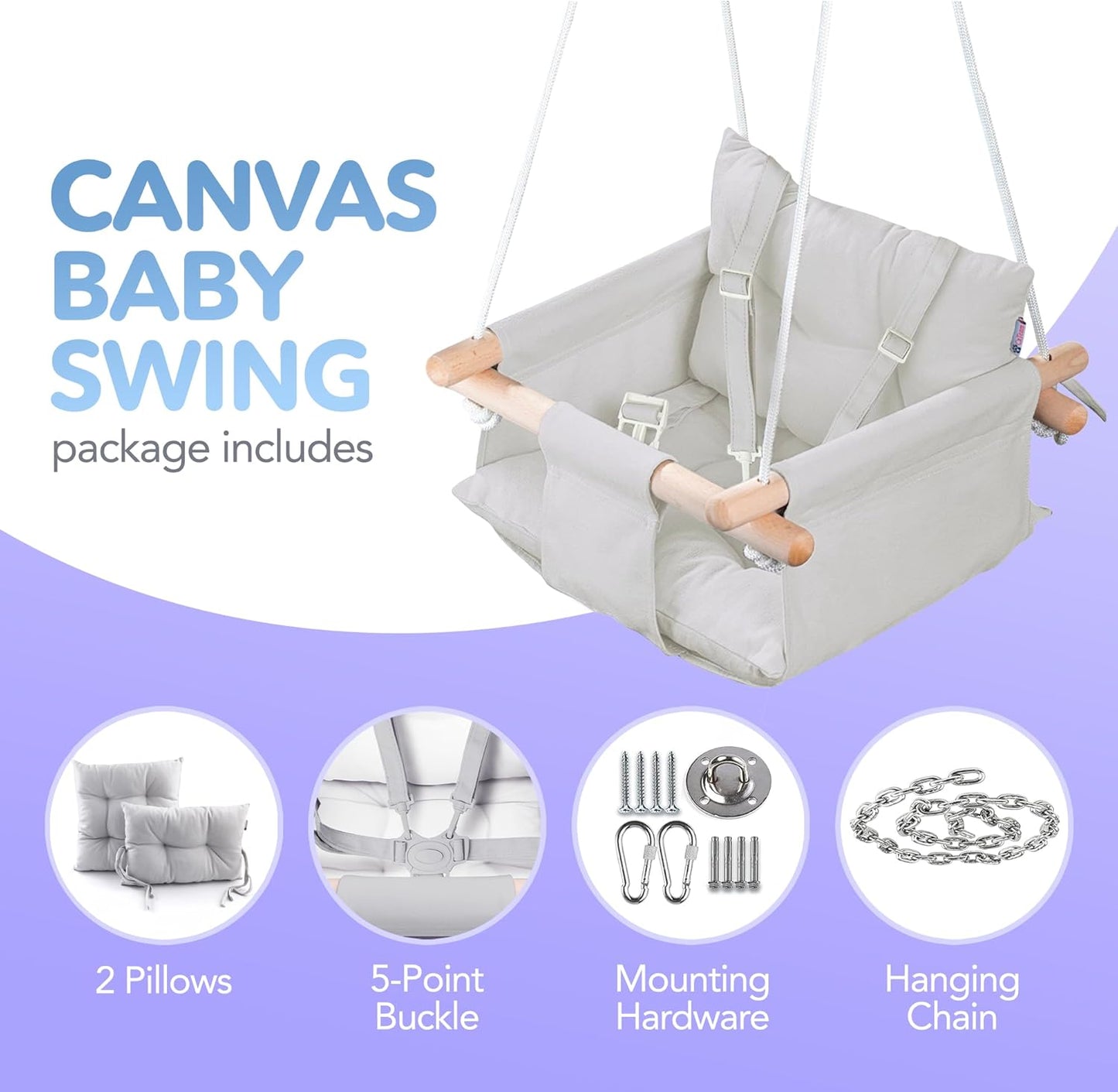 Canvas Baby Swing Safety Belt - Durable Wooden Hanging Seat Chair - Indoor/Outdoor, Hardware, Gray