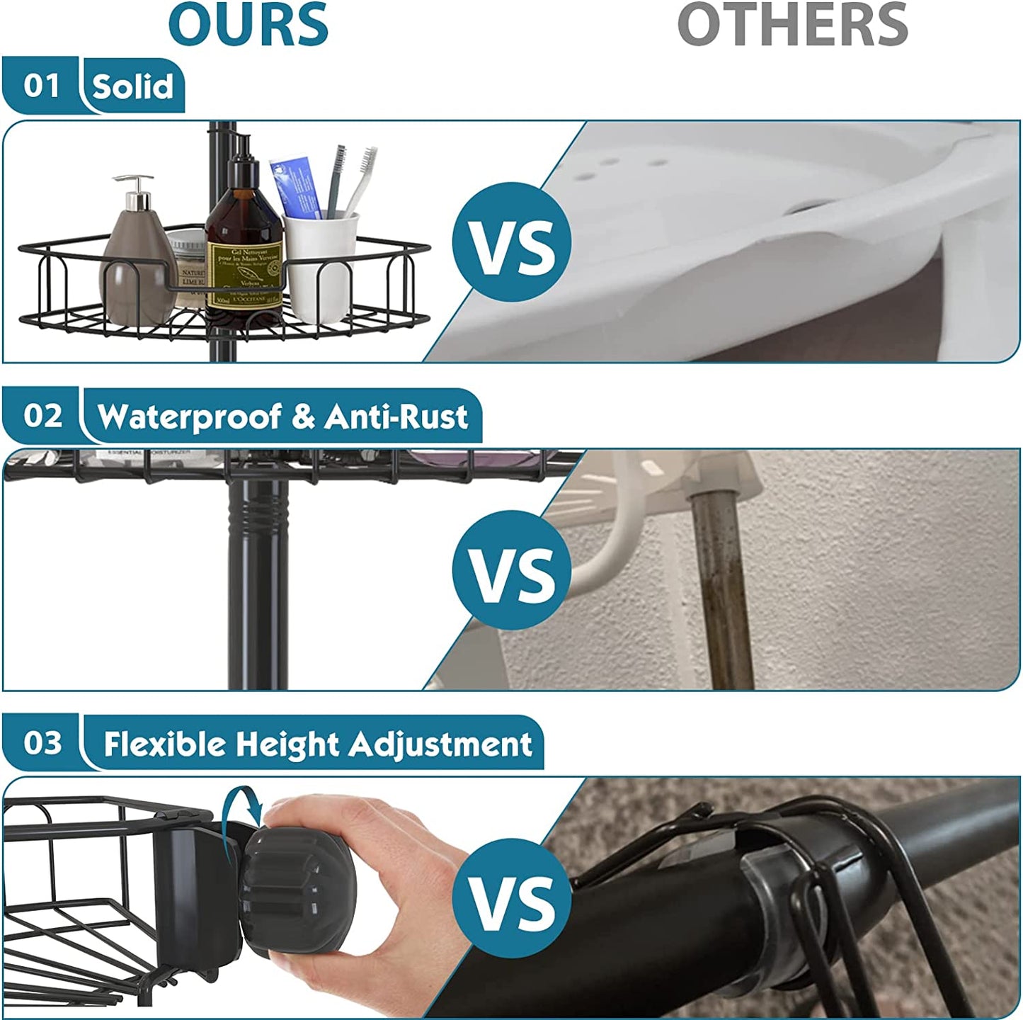 Rustproof Adjustable Shower Caddy - Tension Pole Corner Organizer for Bathroom and Bathtub Storage, 39-125 Inches, Black