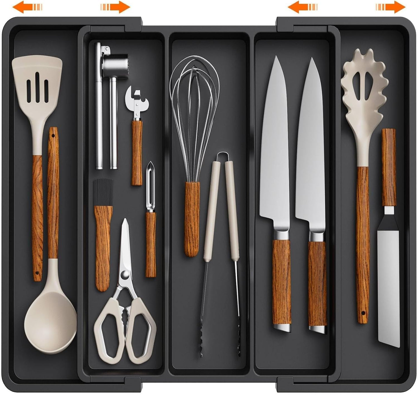 Expandable Kitchen Utensil Organizer Tray - Adjustable Cutlery and Silverware Holder, Large Gray Plastic Storage Divider