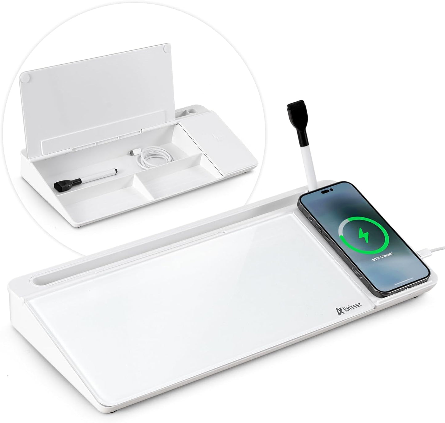 Dry Erase Glass Desk Whiteboard with Storage Caddy - Desktop Memo Notepad for Home Office and School (Gray)
