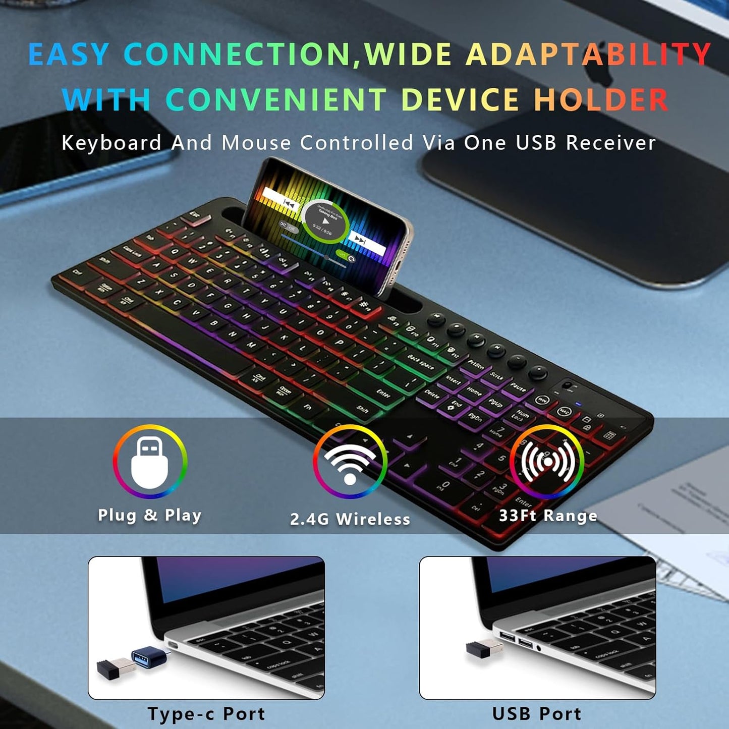 Backlit Wireless Keyboard and Mouse Set with Rechargeable Battery, Device Stand, RGB Lighting, and Dual Layout Compatibility