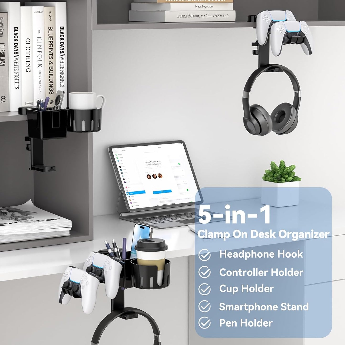 5-in-1 Desk Organizer with Rotating Headphone Hanger and Cup Holder - Clamp-On Storage Solution for Controllers, Headphones, Cups, Mobile Phones, and Pens (Black)