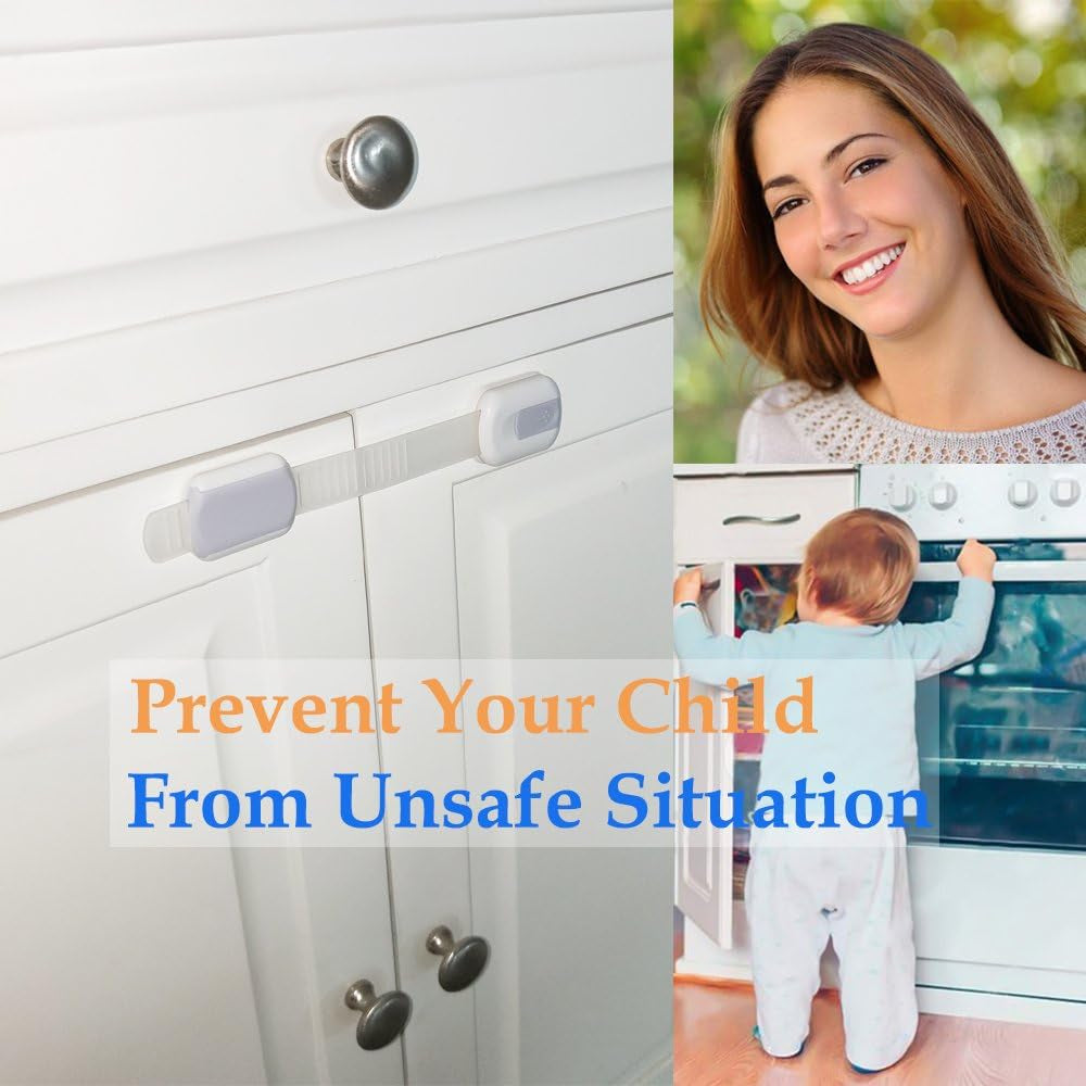 Child Safety Cabinet Locks with Extra 3M Adhesive - No Screws Required for Drawers and Cupboard Doors (8-Pack)
